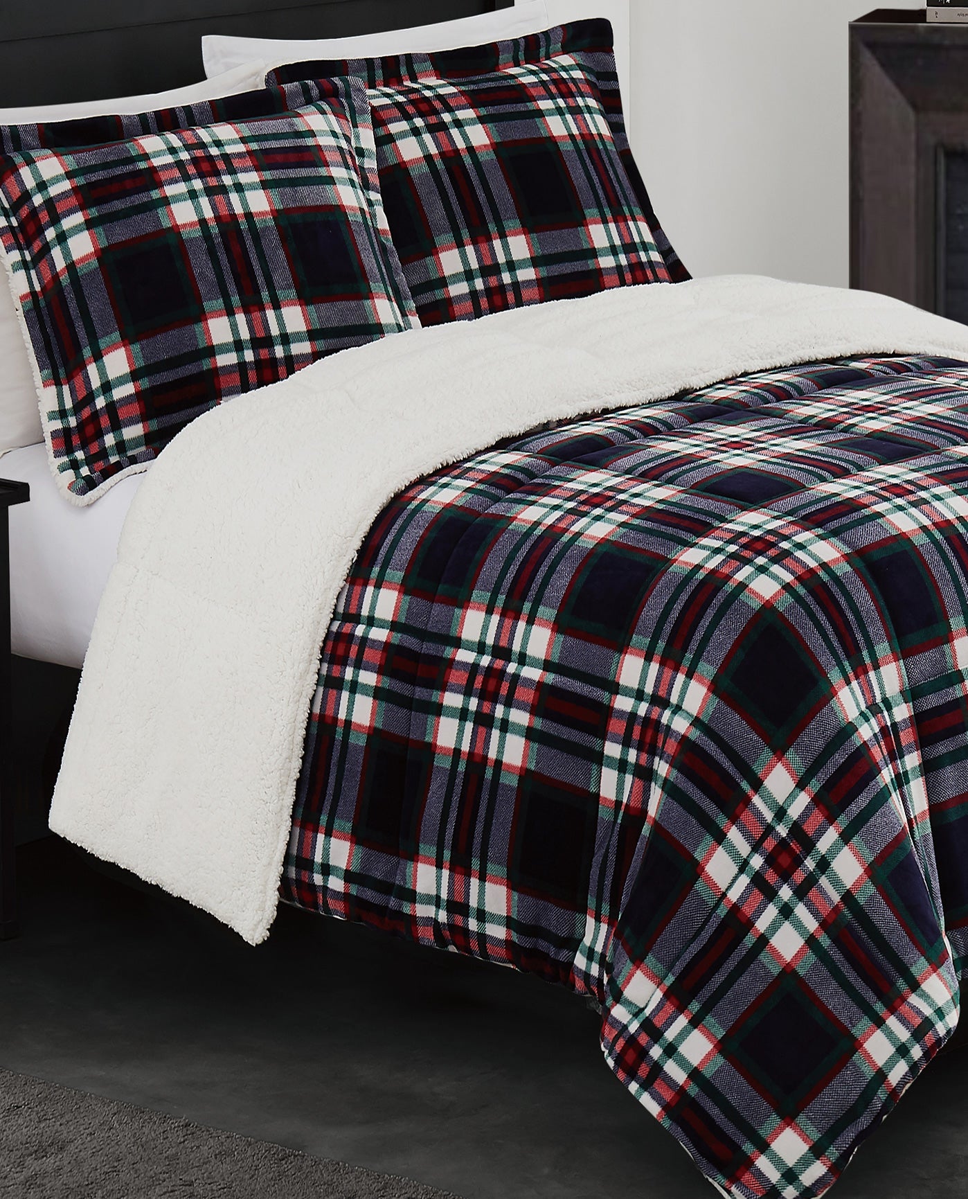 LIFESTYLE IMAGE OF BENJI PLAID 3 PIECE COMFORTER SET | PEM-Benji Blue-400
