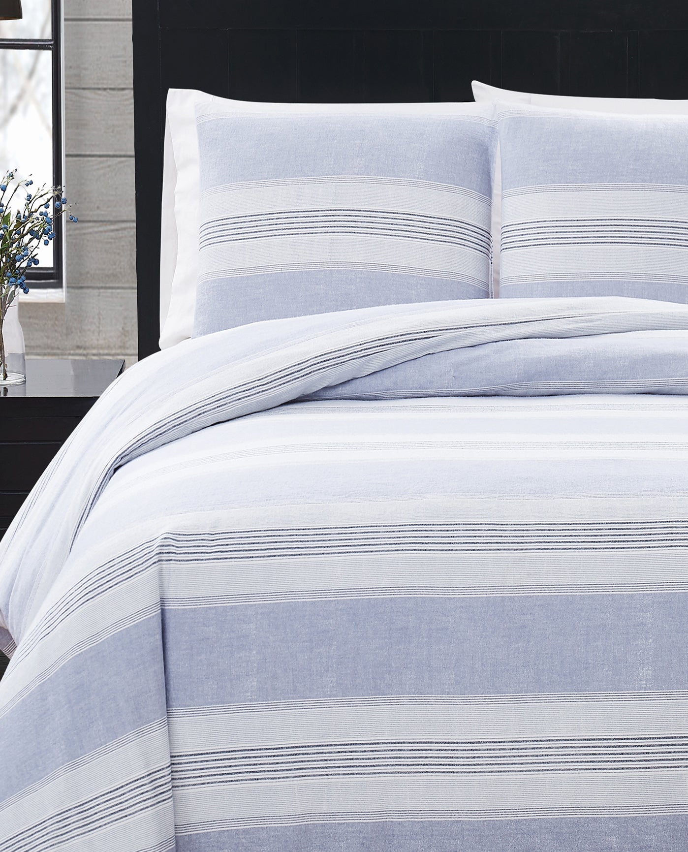 LIFESTYLE IMAGE OF STRIPE 3 PIECE FLANNEL DUVET COVER SET | PEM-Blue Stripe-400