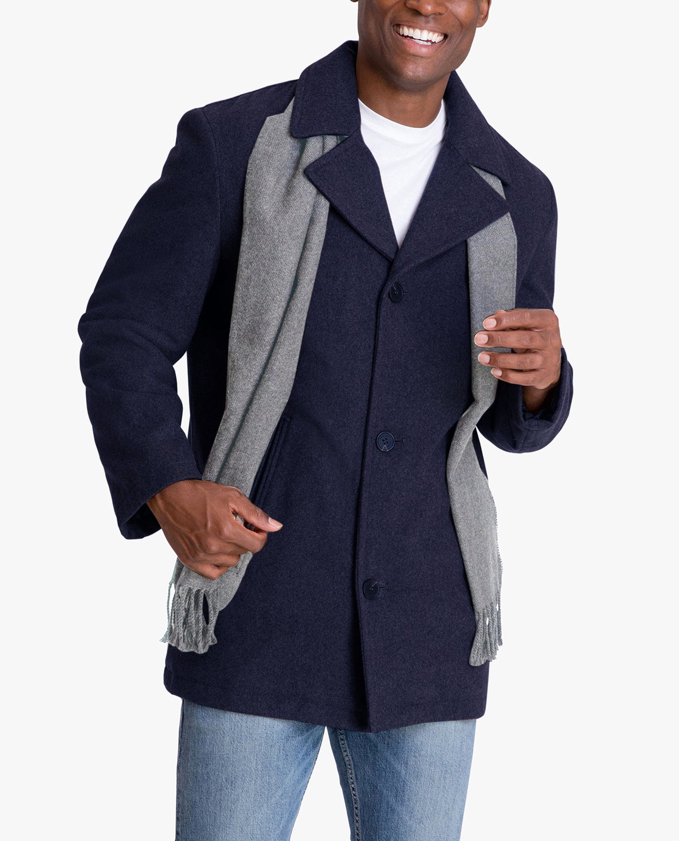DETAIL VIEW OF AMITY SINGLE BREASTED WOOL JACKET | NAVY HEATHER