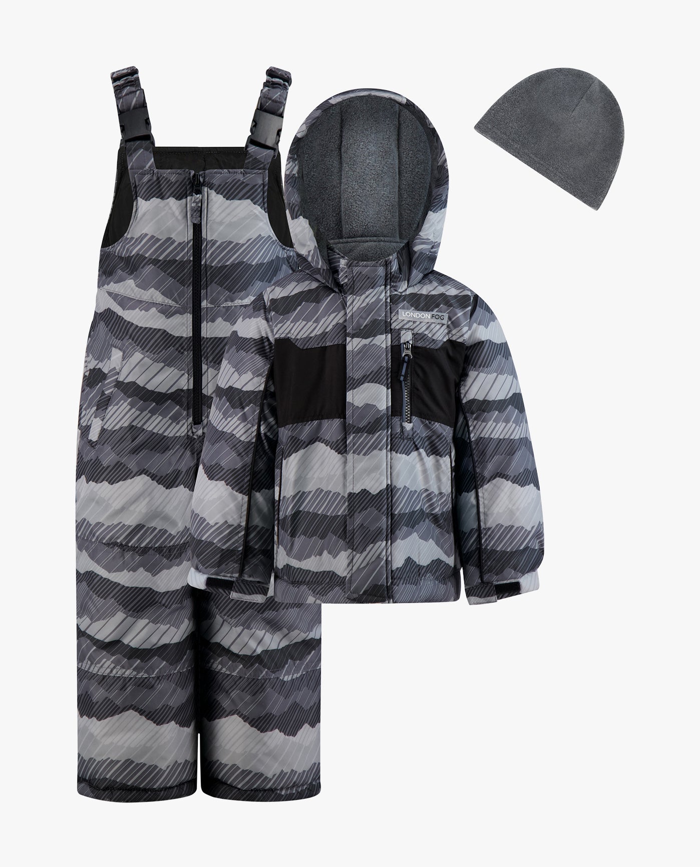 SET VIEW OF TODDLER BOYS ZIP-FRONT HOODED JACKET WITH OVERALL SNOW PANT | GREY PRINT