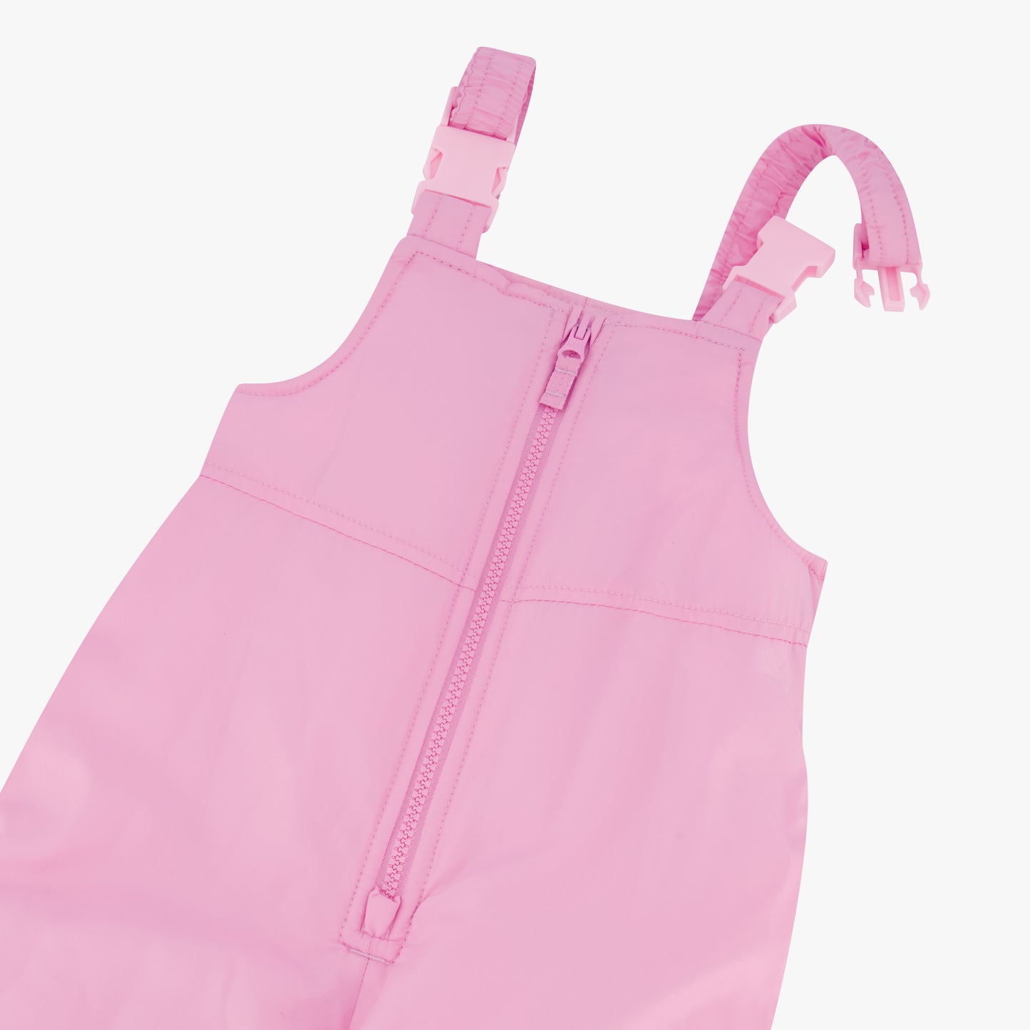 ZOOM VIEW OF GIRLS ZIP-FRONT COLOR BLOCK JACKET AND OVERALL SNOW PANT | PINK