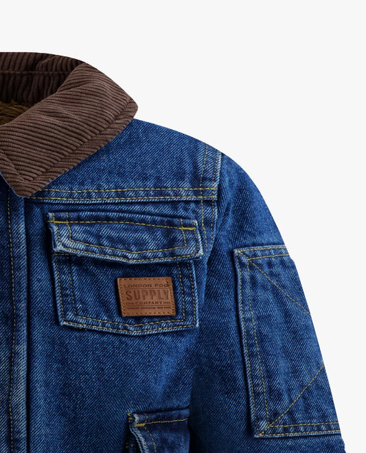 ZOOM VIEW OF BIG BOYS BUTTON-FRONT COLLARED UTILITY BARN COAT | DARK DENIM