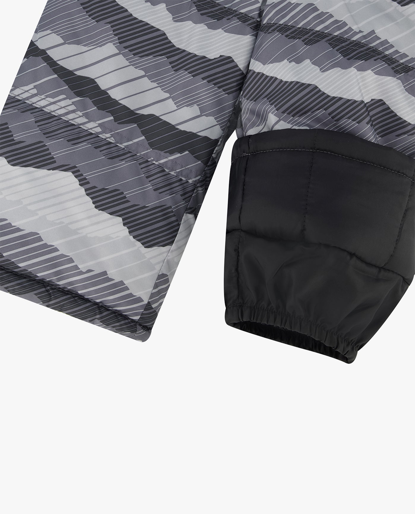 ZOOM VIEW OF BOYS ZIP-FRONT HOODED JACKET WITH OVERALL SNOW PANT | GREY PRINT