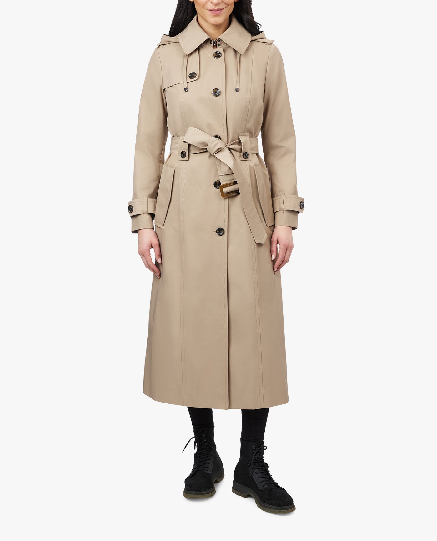 FRONT OF SINGLE BREASTED HOODED MAXI TRENCH WITH BELT | STONE