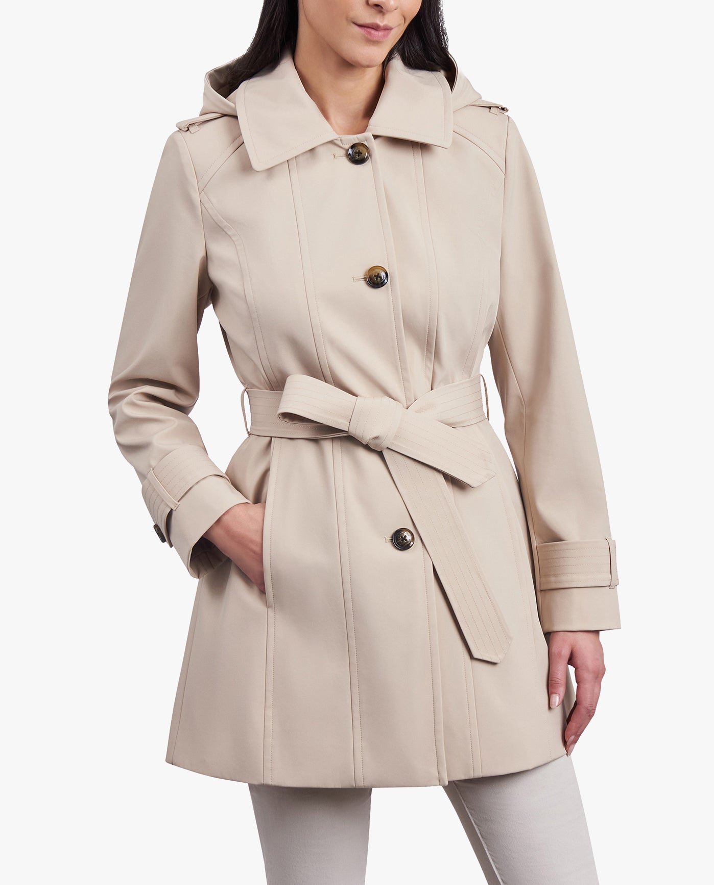 FRONT OF SINGLE BREASTED HOODED TRENCH COAT WITH WAIST BELT | STONE