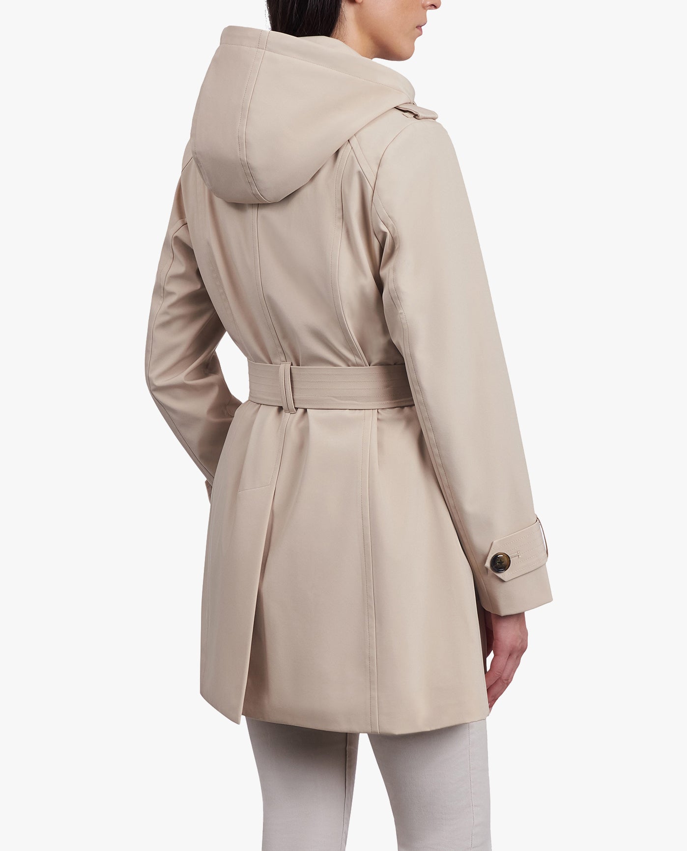 BACK OF SINGLE BREASTED HOODED TRENCH COAT WITH WAIST BELT | STONE