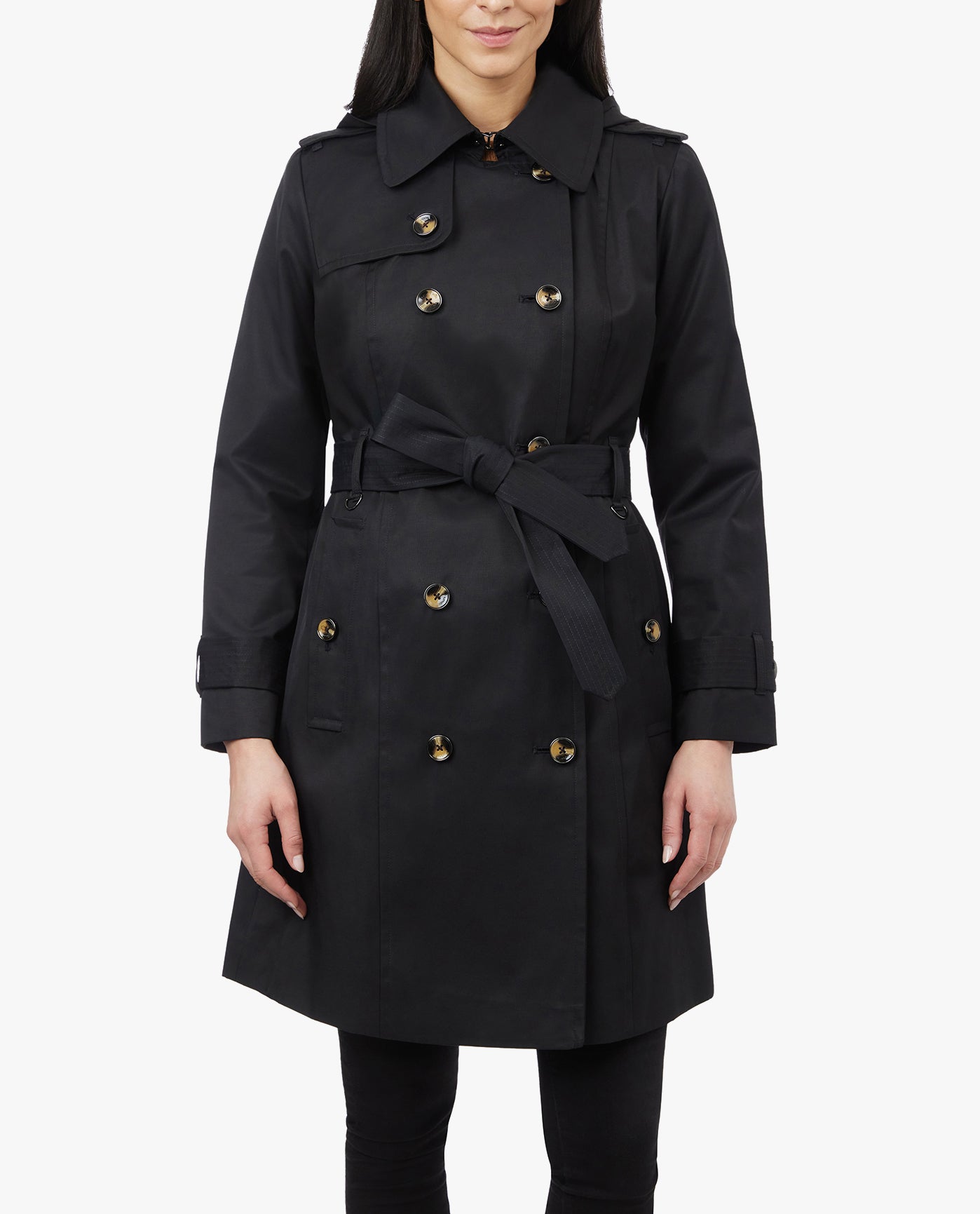 FRONT VIEW OF DOUBLE BREASTED HOODED TRENCH COAT WITH WAIST BELT | BLACK