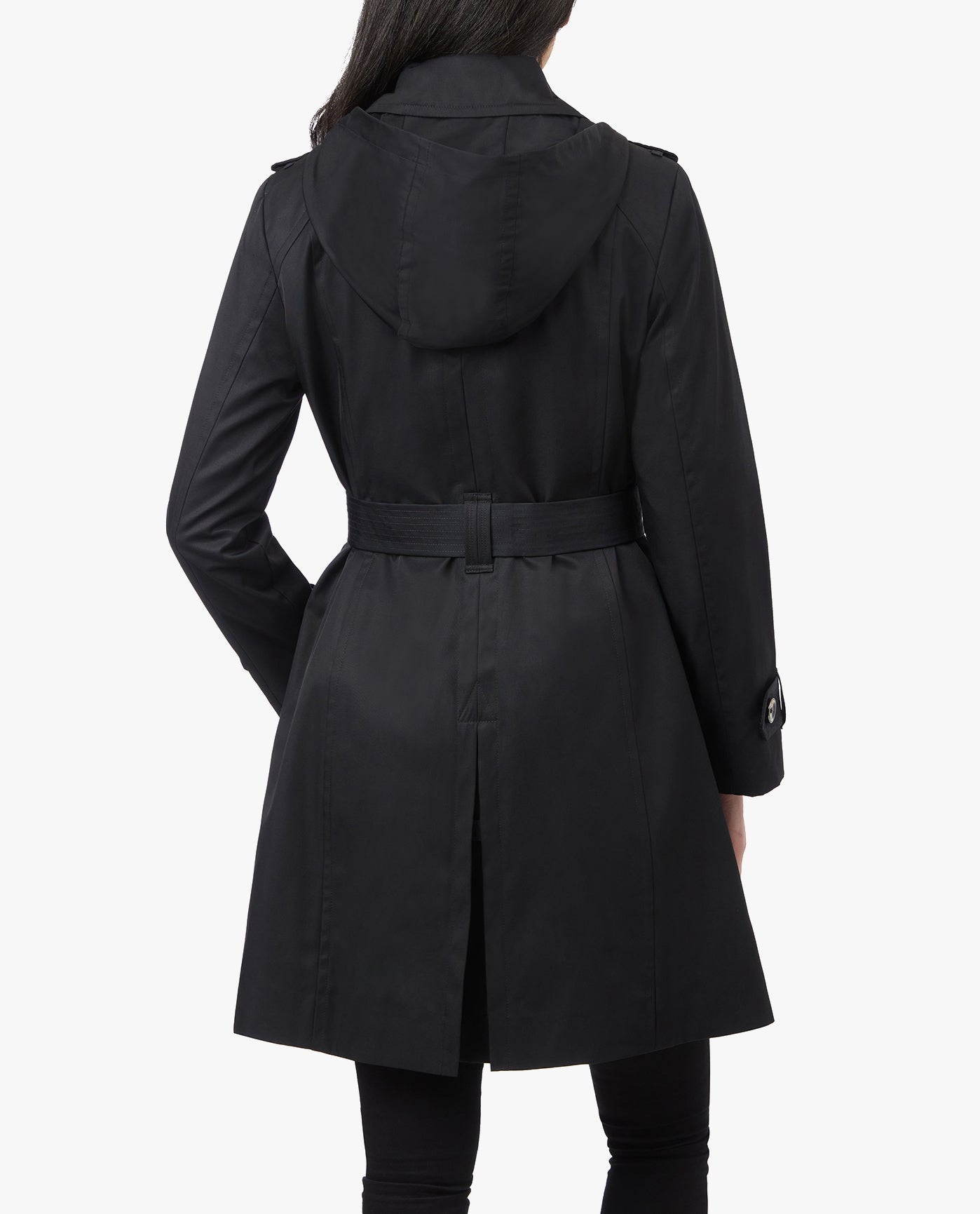 BACK VIEW OF DOUBLE BREASTED HOODED TRENCH COAT WITH WAIST BELT | BLACK