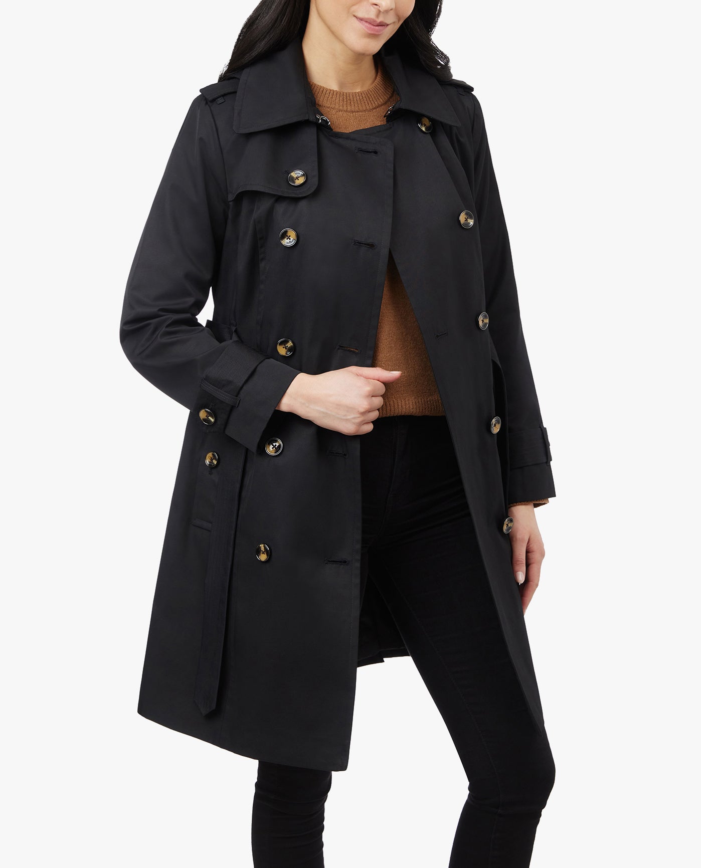 SIDE VIEW OF DOUBLE BREASTED HOODED TRENCH COAT WITH WAIST BELT | BLACK