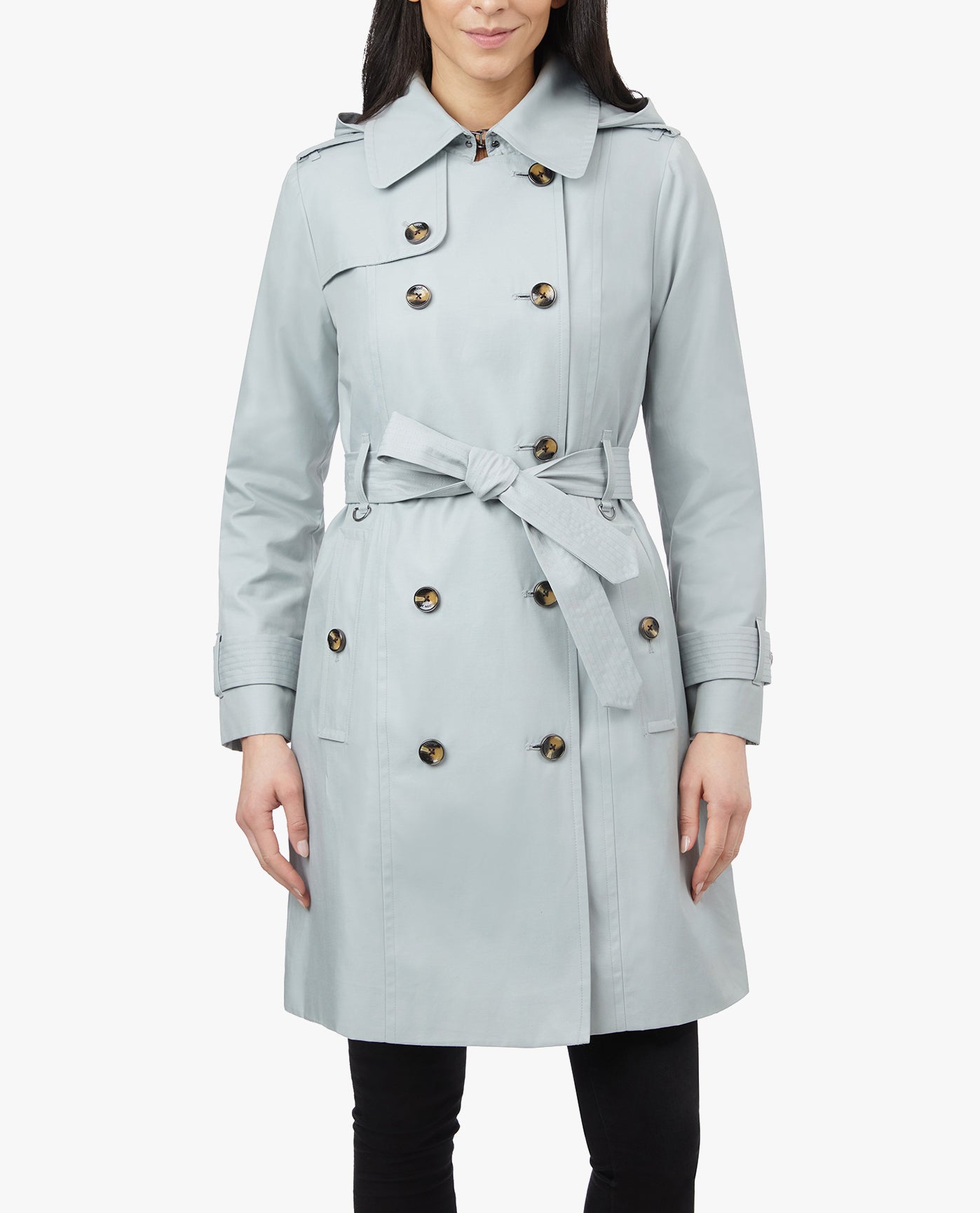 FRONT VIEW OF DOUBLE BREASTED HOODED TRENCH COAT WITH WAIST BELT | CLOUD