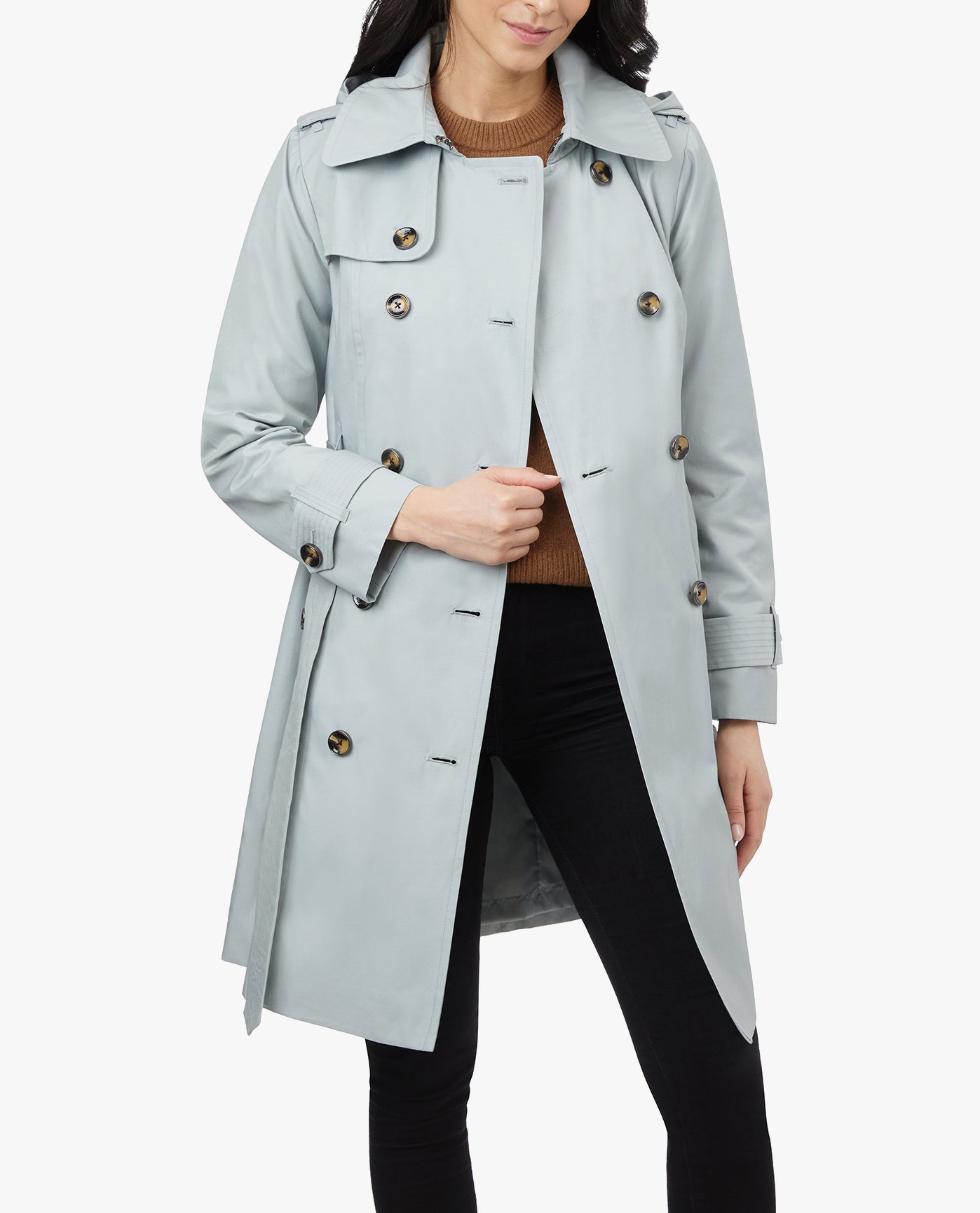 SIDE VIEW OF DOUBLE BREASTED HOODED TRENCH COAT WITH WAIST BELT | CLOUD