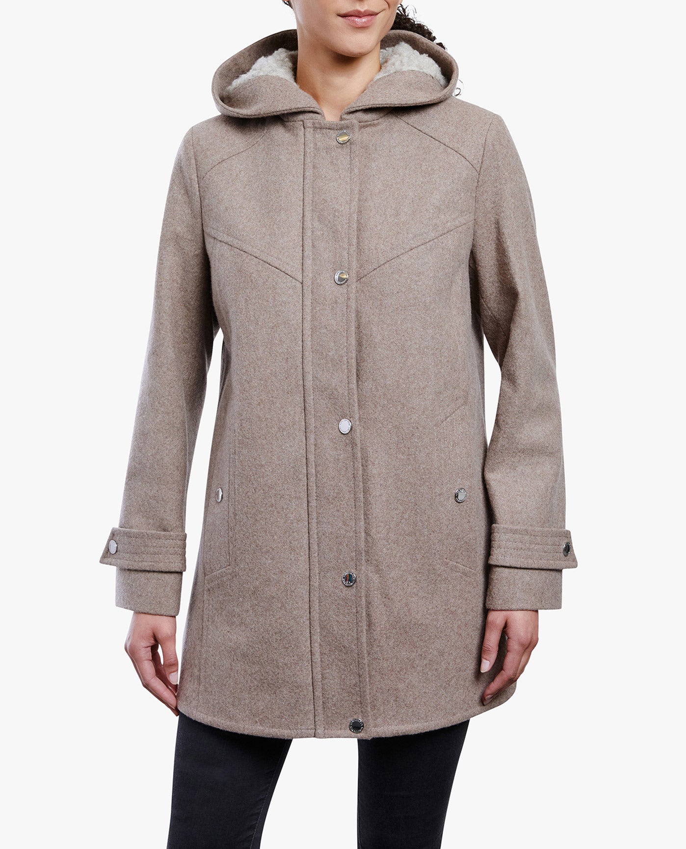 Closed View Of ZIP-FRONT SHERPA LINED HOOD 31 INCH WOOL JACKET | TAUPE HEATHER