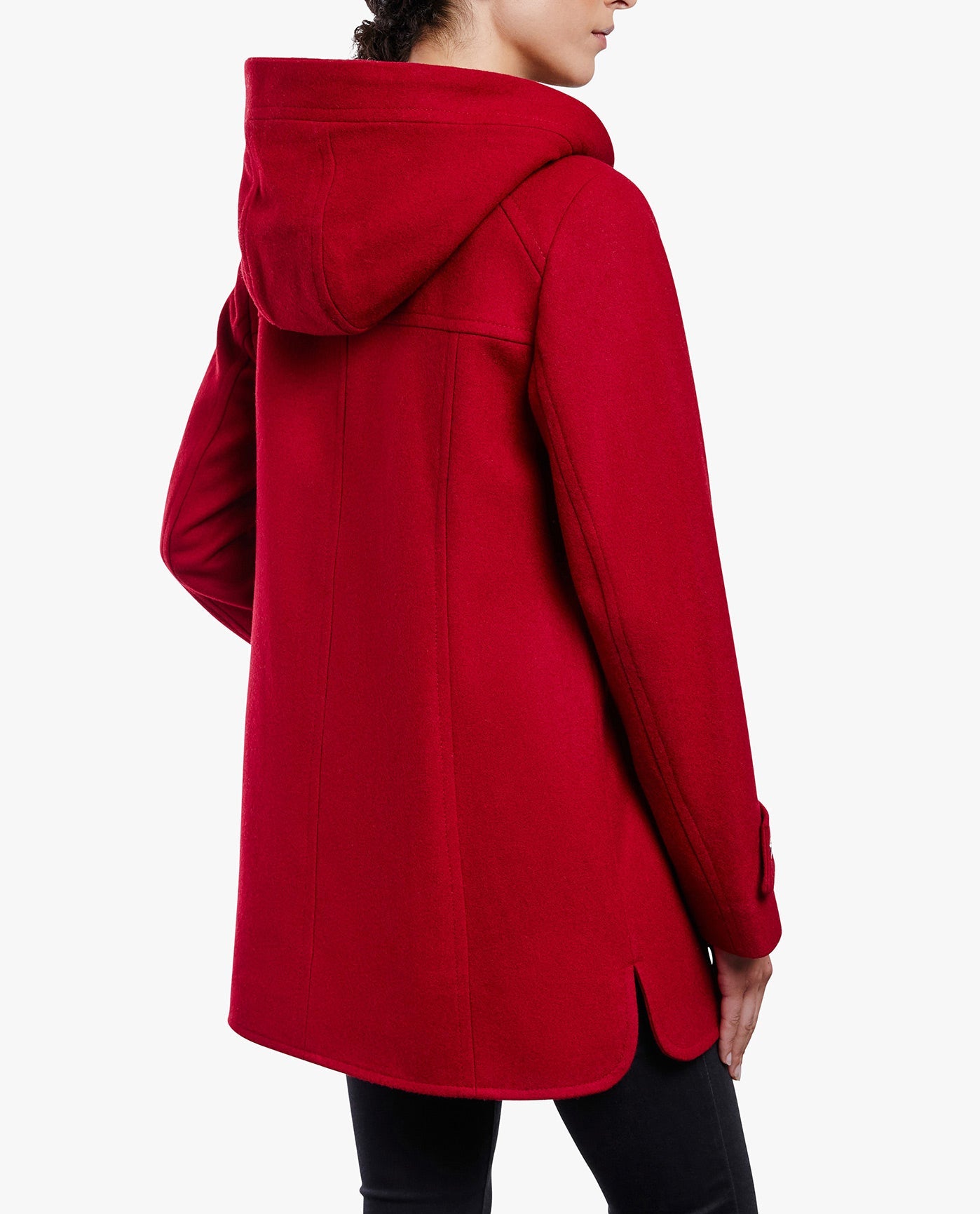 Back View Of ZIP-FRONT SHERPA LINED HOOD 31 INCH WOOL JACKET | RED