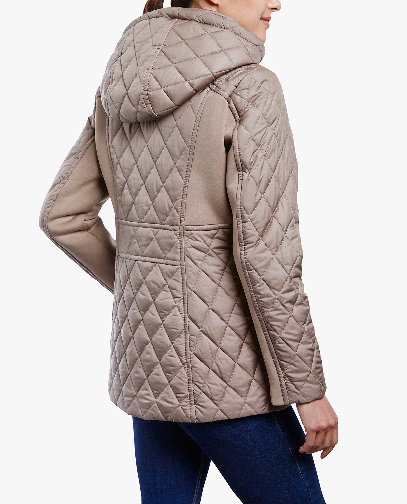 BACK OF ZIP FRONT HOODED QUILTED JACKET | TRUFFLE
