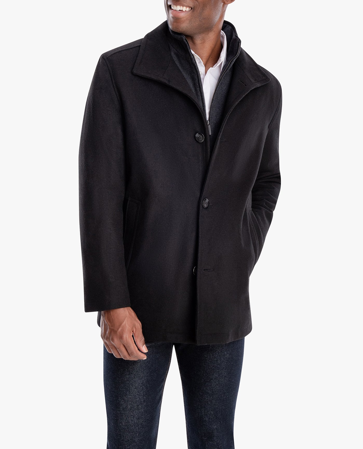 SIDE VIEW OF AMHERST BUTTON FRONT WOOL JACKET | BLACK