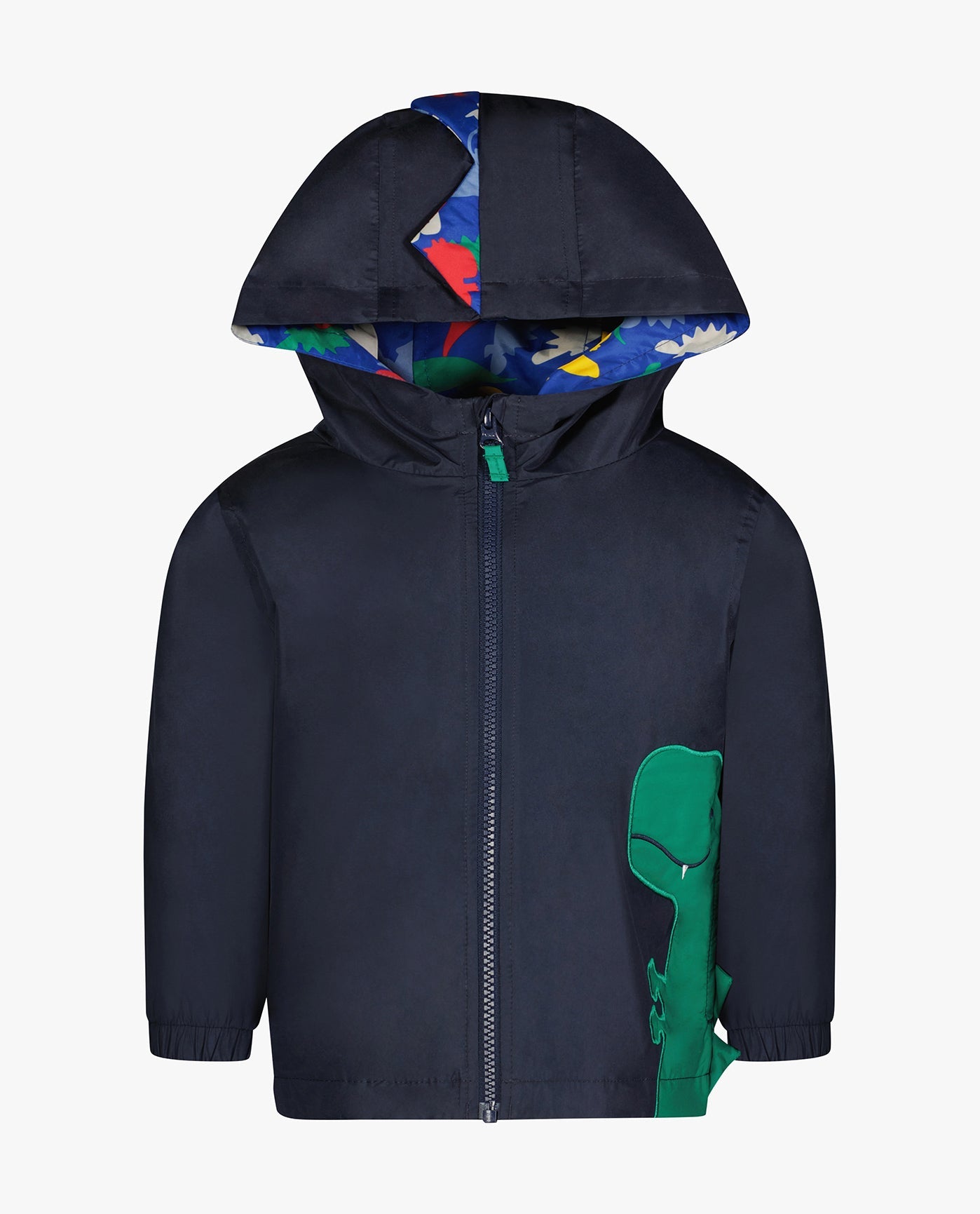 FRONT OF BABY BOYS ZIP FRONT HOODED DINO RAINCOAT | NAVY
