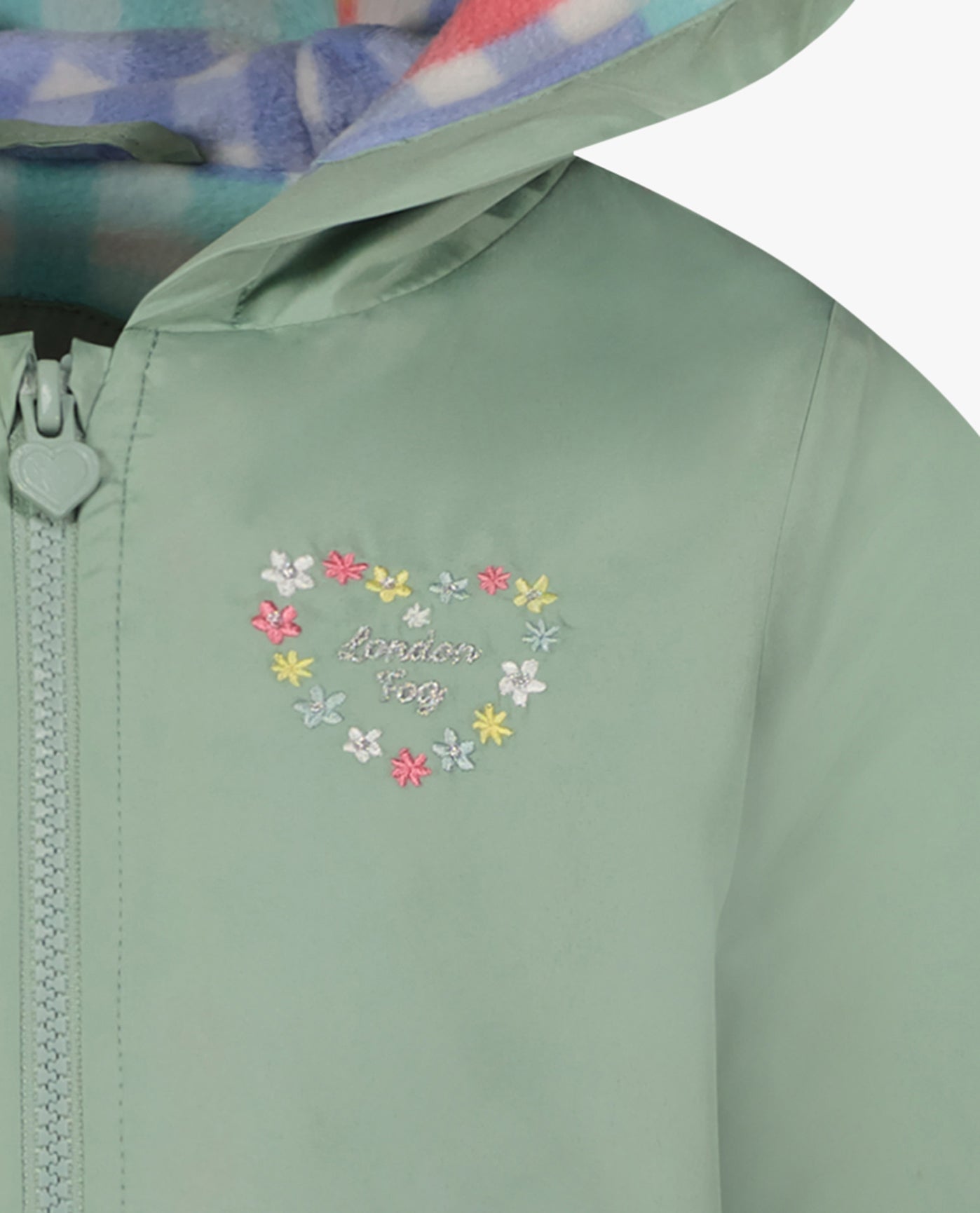 ZOOM OF LOGO OF TODDLER GIRLS SOLID ZIP FRONT HOODED RUFFLE RAINCOAT | SAGE