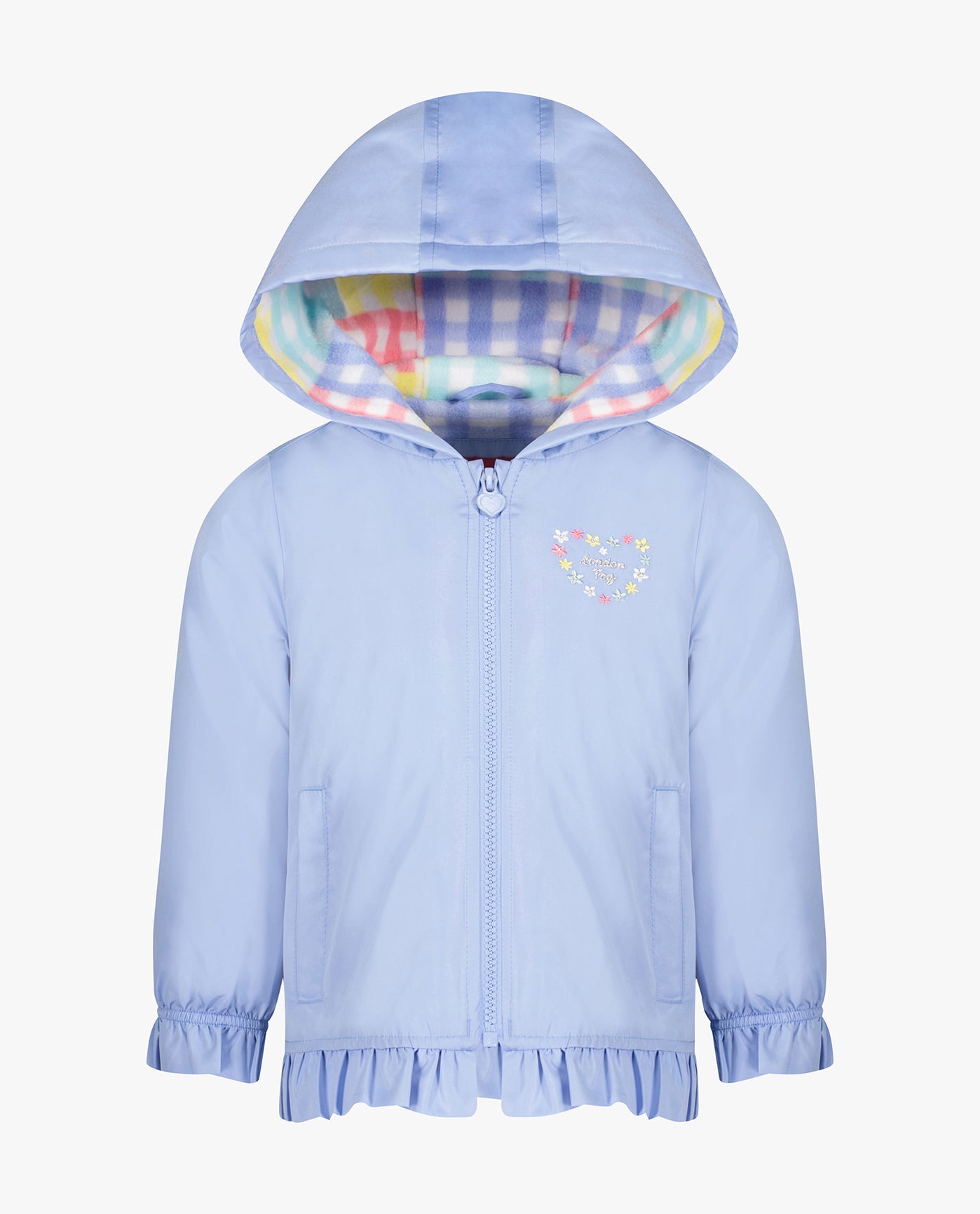 FRONT OF TODDLER GIRLS SOLID ZIP FRONT HOODED RUFFLE RAINCOAT | PERI