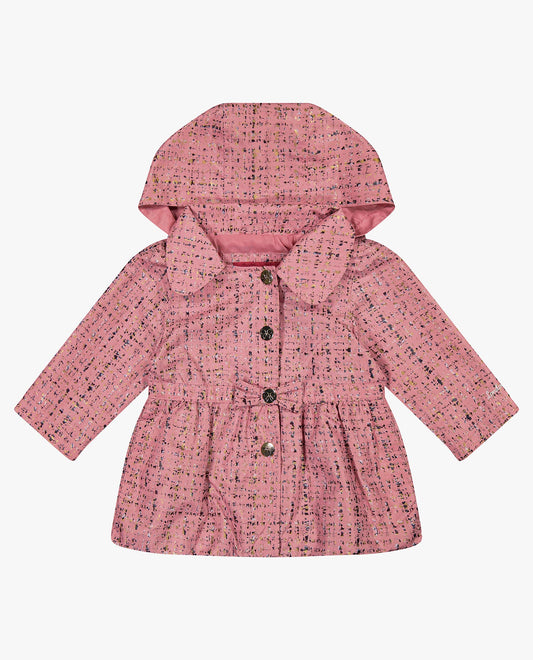 ALT VIEW OF TODDLER GIRLS PRINTED SNAP FRONT COLLARED HOODED RAINCOAT WITH BOW | PINK TWEED