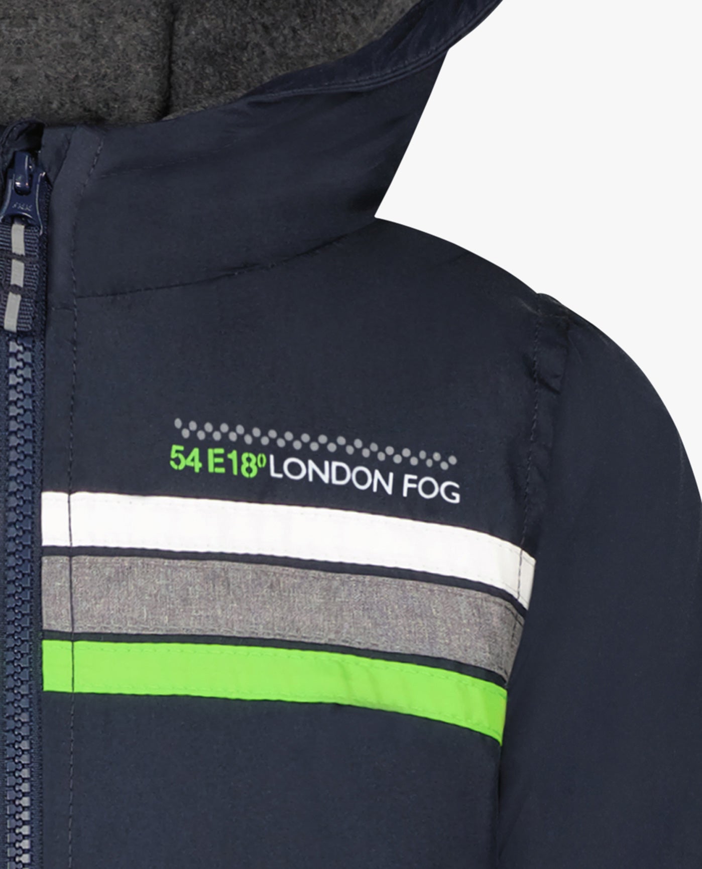 ZOOM DETAIL OF TODDLER BOYS ZIP FRONT HOODED SPORTY STRIPE RAINCOAT | NAVY