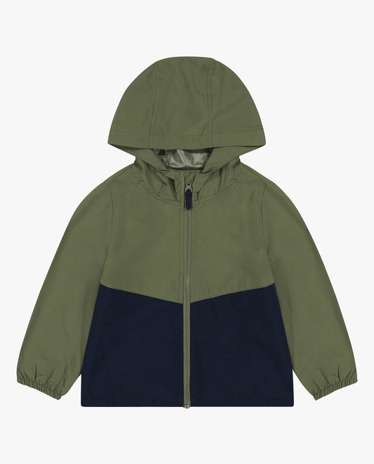 FRONT OF ZIP FRONT HOODED TWO-TONE RAINCOAT | OLIVE DRAB