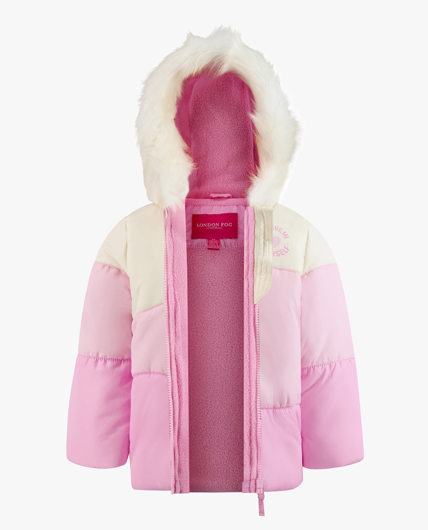 OPEN VIEW OF BABY GIRLS ZIP-FRONT COLOR BLOCK JACKET AND OVERALL SNOW PANT | PINK