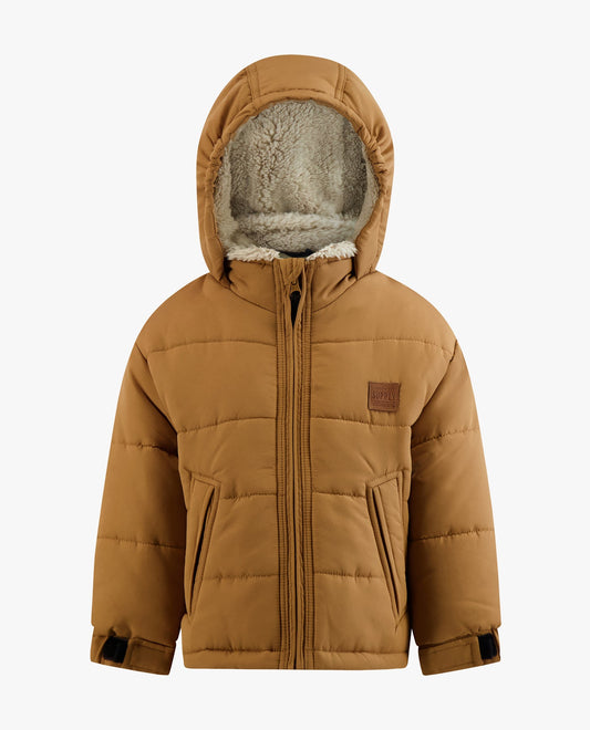 FRONT VIEW OF BABY BOYS ZIP-FRONT HOODED SHERPA LINED PUFFER| TAN