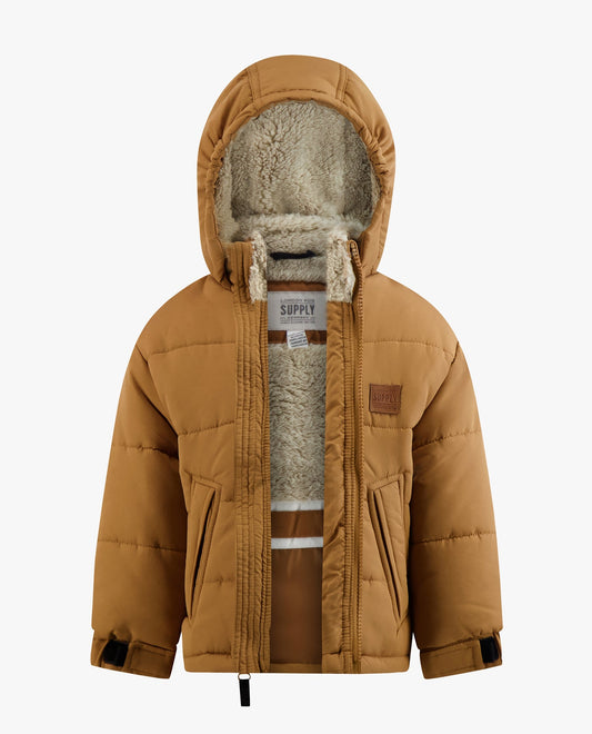 OPEN VIEW OF BABY BOYS ZIP-FRONT HOODED SHERPA LINED PUFFER | TAN