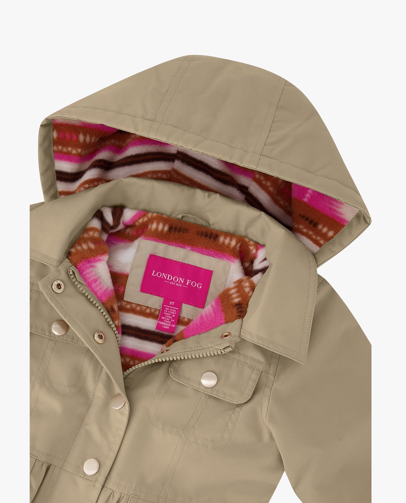 DETAIL VIEW OF TODDLER GIRLS SNAP-FRONT SKIRTED TRENCH WITH HOOD | KHAKI