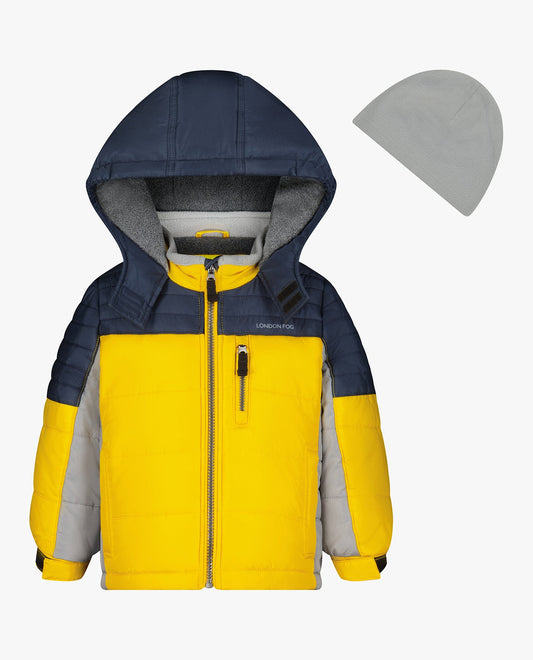 FRONT VIEW OF TODDLER BOYS ZIP-FRONT MID WEIGHT SPORTS PUFFER | YELLOW