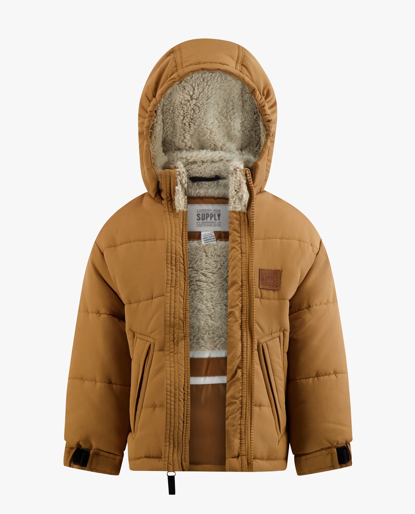 Detail View Of TODDLER BOYS ZIP-FRONT HOODED SHERPA LINED PUFFER | TAN