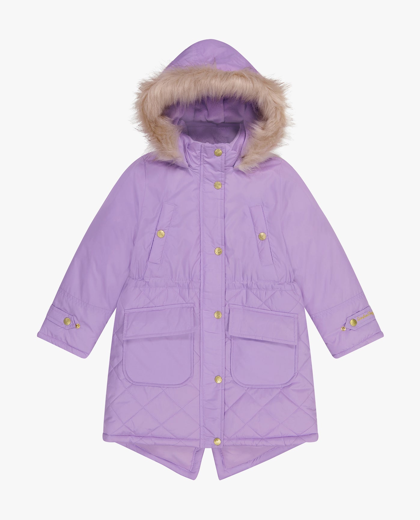 Detail View Of GIRLS ZIP-FRONT MID CINCH QUILTED PARKA WITH FUR TRIMMED HOOD | LILAC