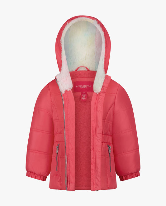 OPEN VIEW OF GIRLS ZIP-FRONT HOODED MID CINCH PUFFER | FUCHSIA