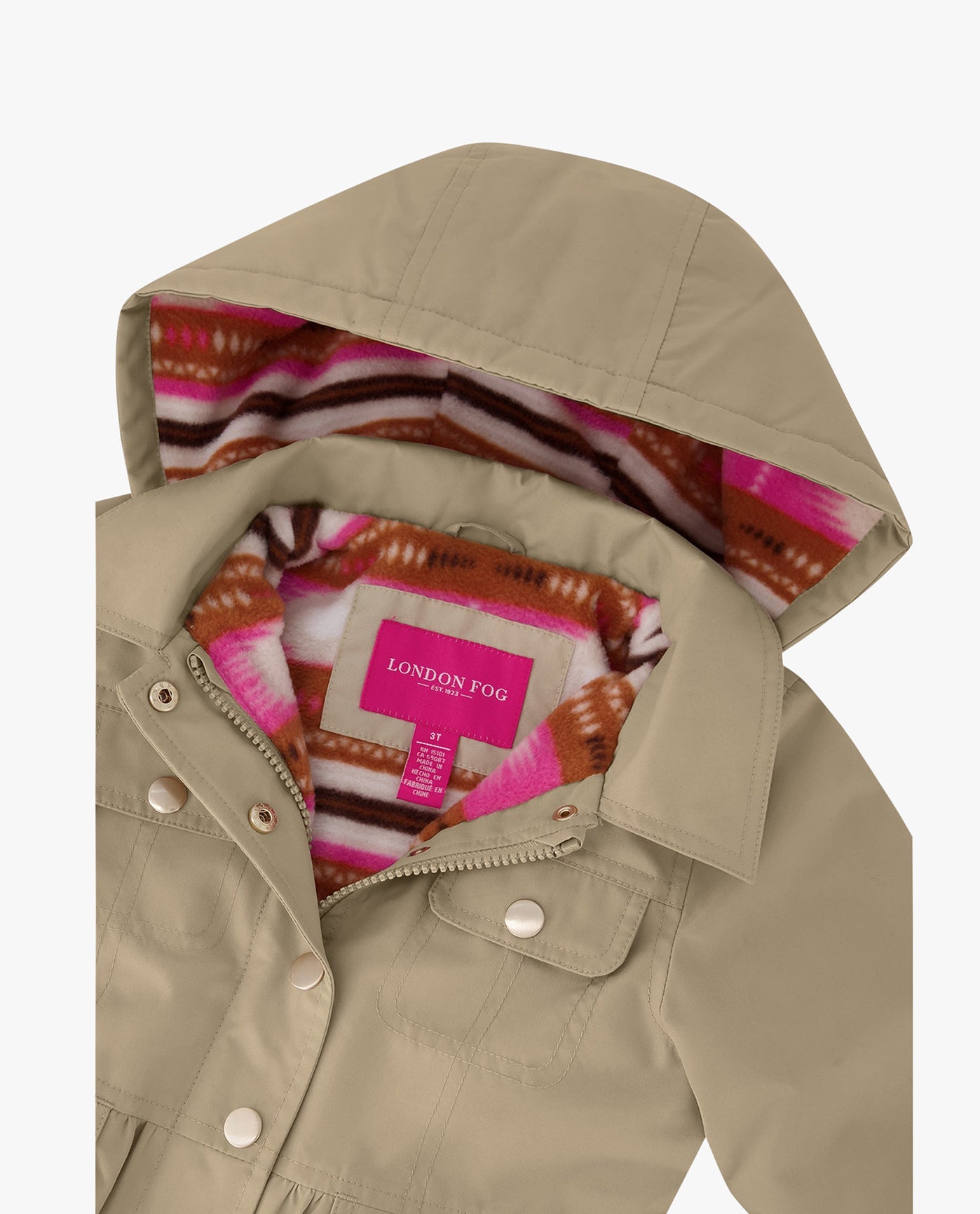DETAIL VIEW OF GIRLS SNAP-FRONT SKIRTED TRENCH WITH HOOD | KHAKI