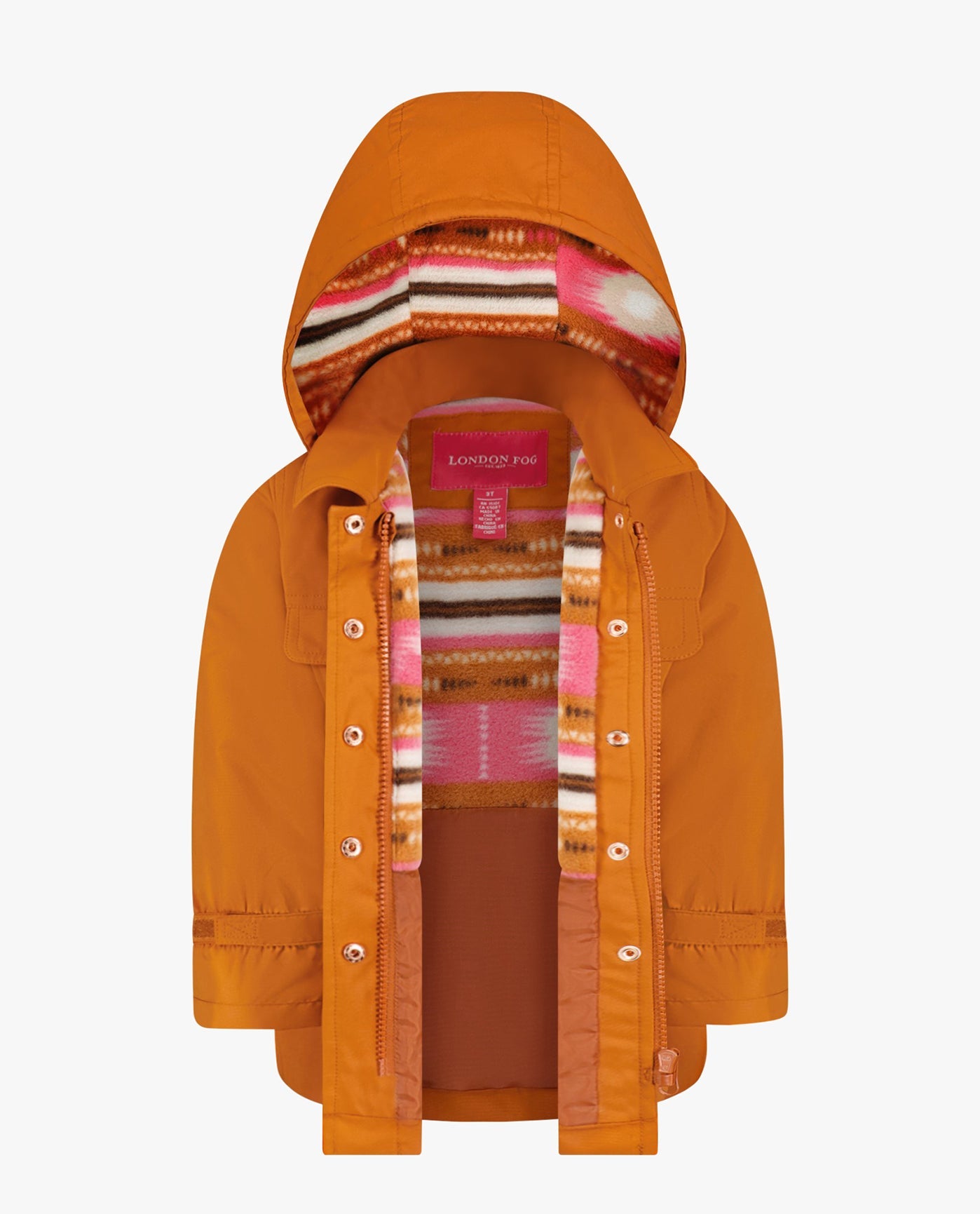 OPEN VIEW OF GIRLS SNAP-FRONT SKIRTED TRENCH WITH HOOD | CINNAMON