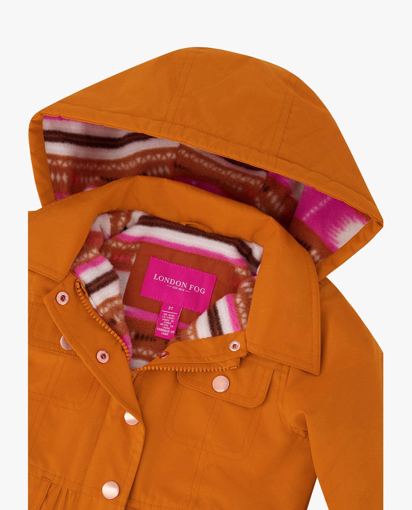 DETAIL VIEW OF GIRLS SNAP-FRONT SKIRTED TRENCH WITH HOOD | CINNAMON