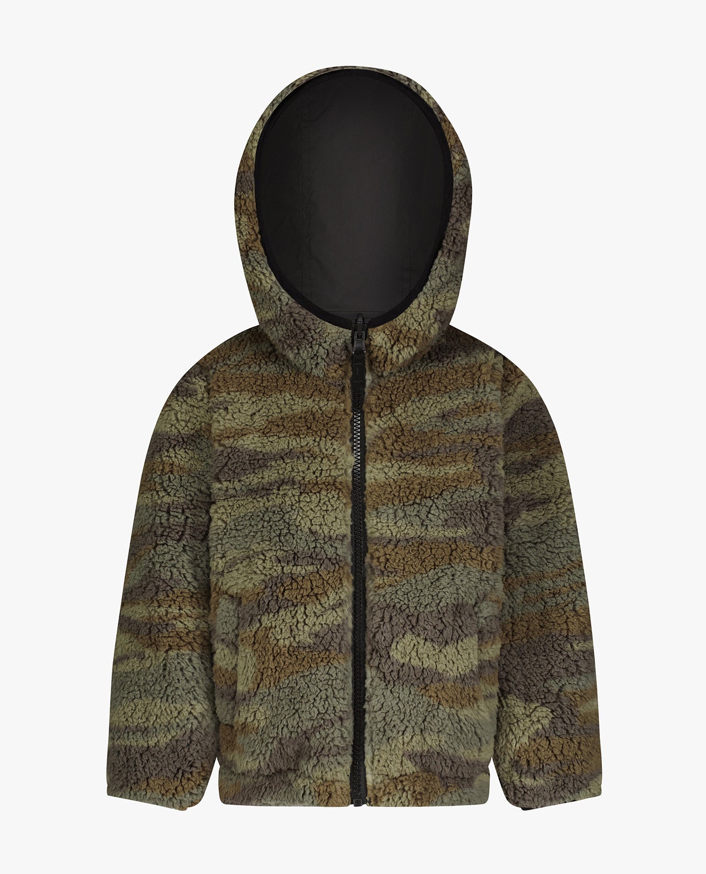 OPEN VIEW OF BIG BOYS ZIP-FRONT REVERSIBLE FLEECE LINED HOODED JACKET | BLACK