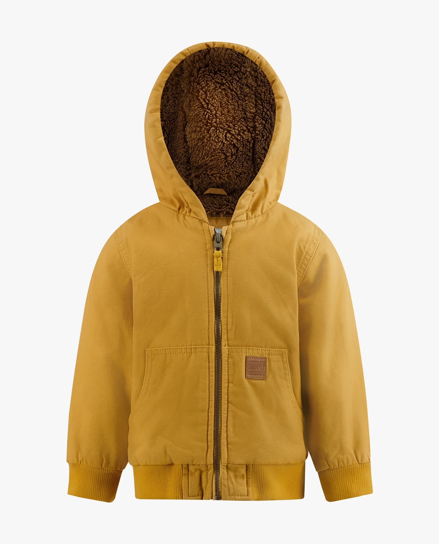 FRONT VIEW OF BOYS ZIP-FRONT HOODED BOMBER | TAN