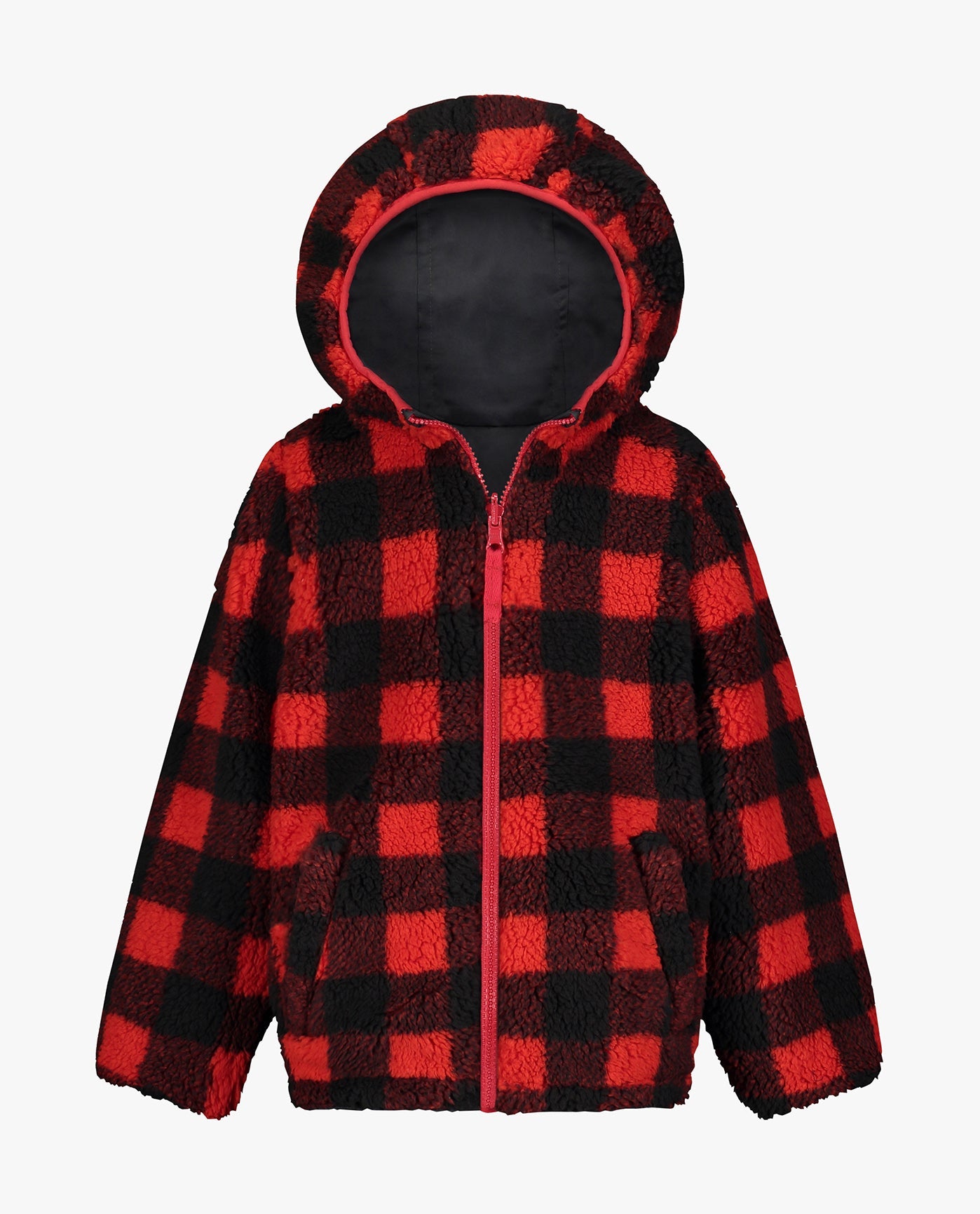 DETAIL VIEW OF BOYS ZIP-FRONT REVERSIBLE FLEECE LINED HOODED JACKET | GREY