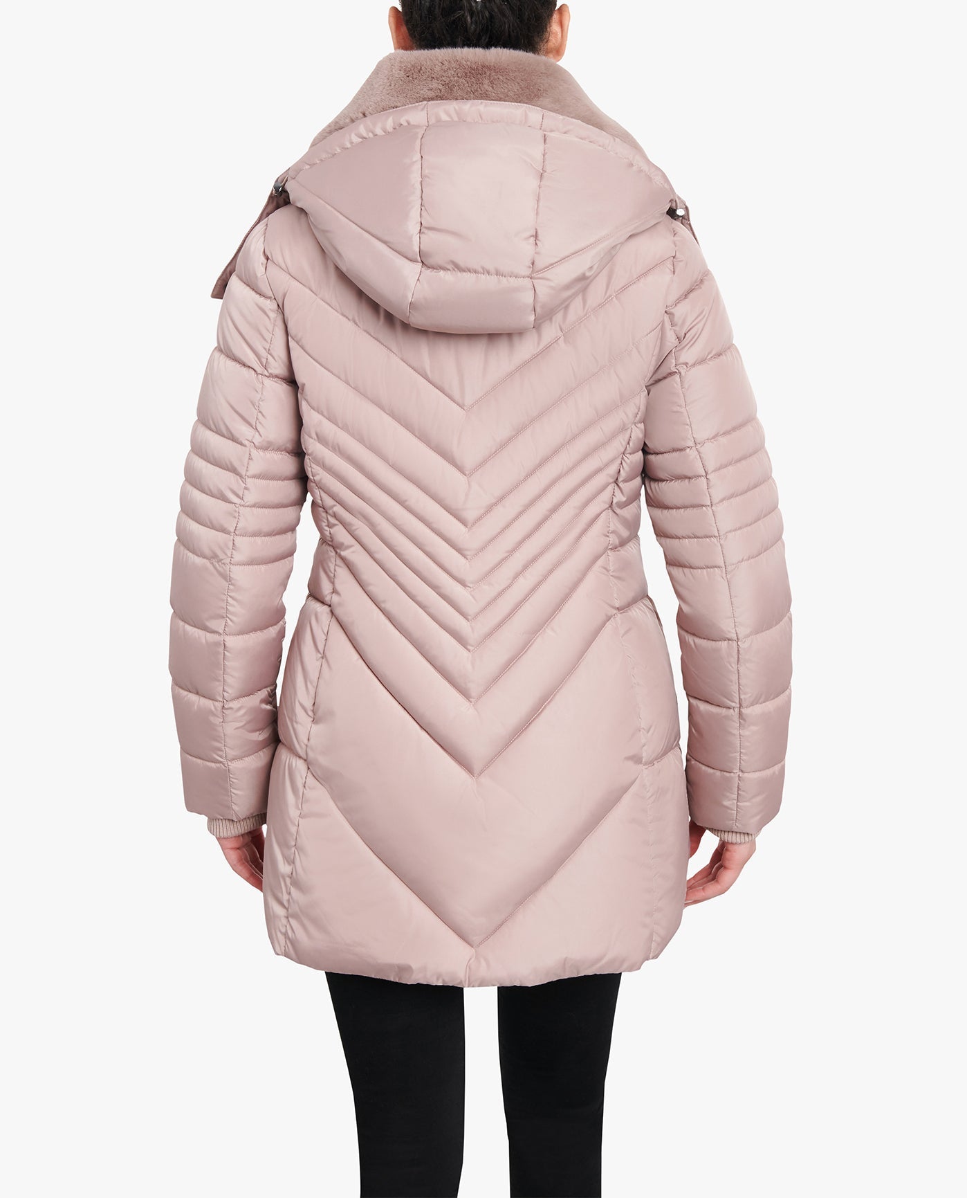 BACK VIEW OF ZIP-FRONT HOODED PUFFER JACKET WITH BUTTON-OFF FUR COLLAR | ROSEWOOD