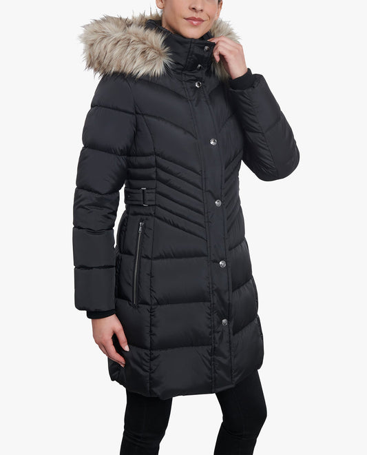 FRONT VIEW OF ZIP-FRONT LONG LENGTH PUFFER JACKET WITH ZIP-OFF FUR TRIM HOOD | BLACK