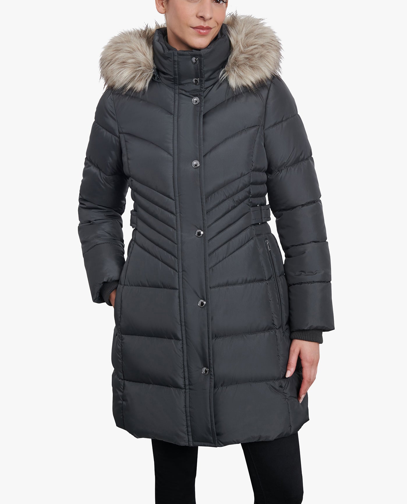 FRONT VIEW OF ZIP-FRONT LONG LENGTH PUFFER JACKET WITH ZIP-OFF FUR TRIM HOOD | GUNMETAL