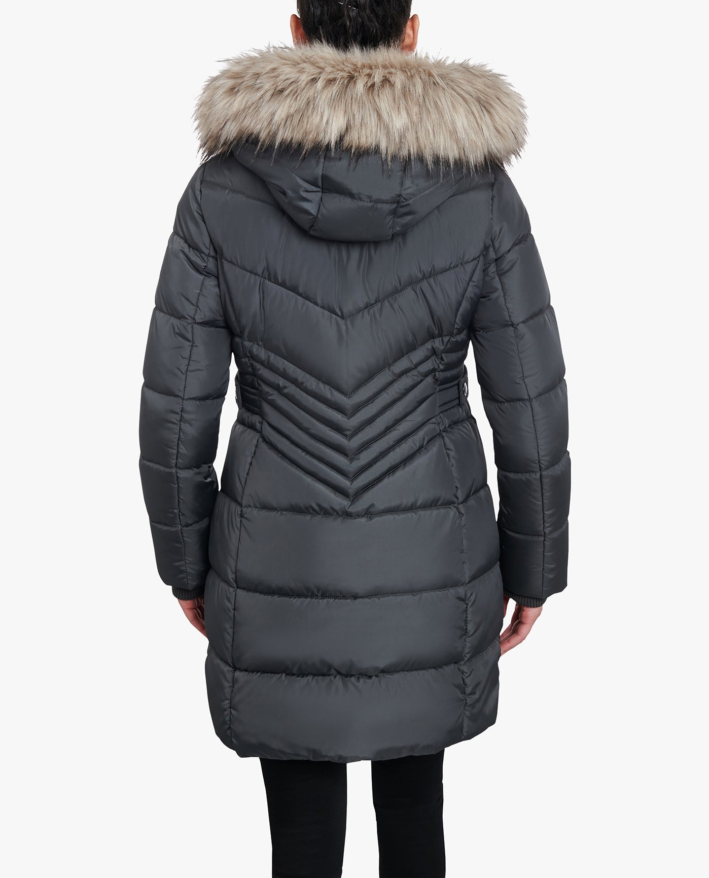 BACK VIEW OF ZIP-FRONT LONG LENGTH PUFFER JACKET WITH ZIP-OFF FUR TRIM HOOD | GUNMETAL
