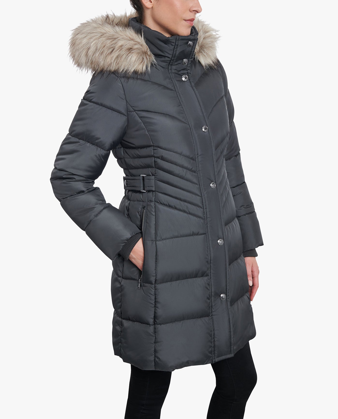 SIDE VIEW OF ZIP-FRONT LONG LENGTH PUFFER JACKET WITH ZIP-OFF FUR TRIM HOOD | GUNMETAL