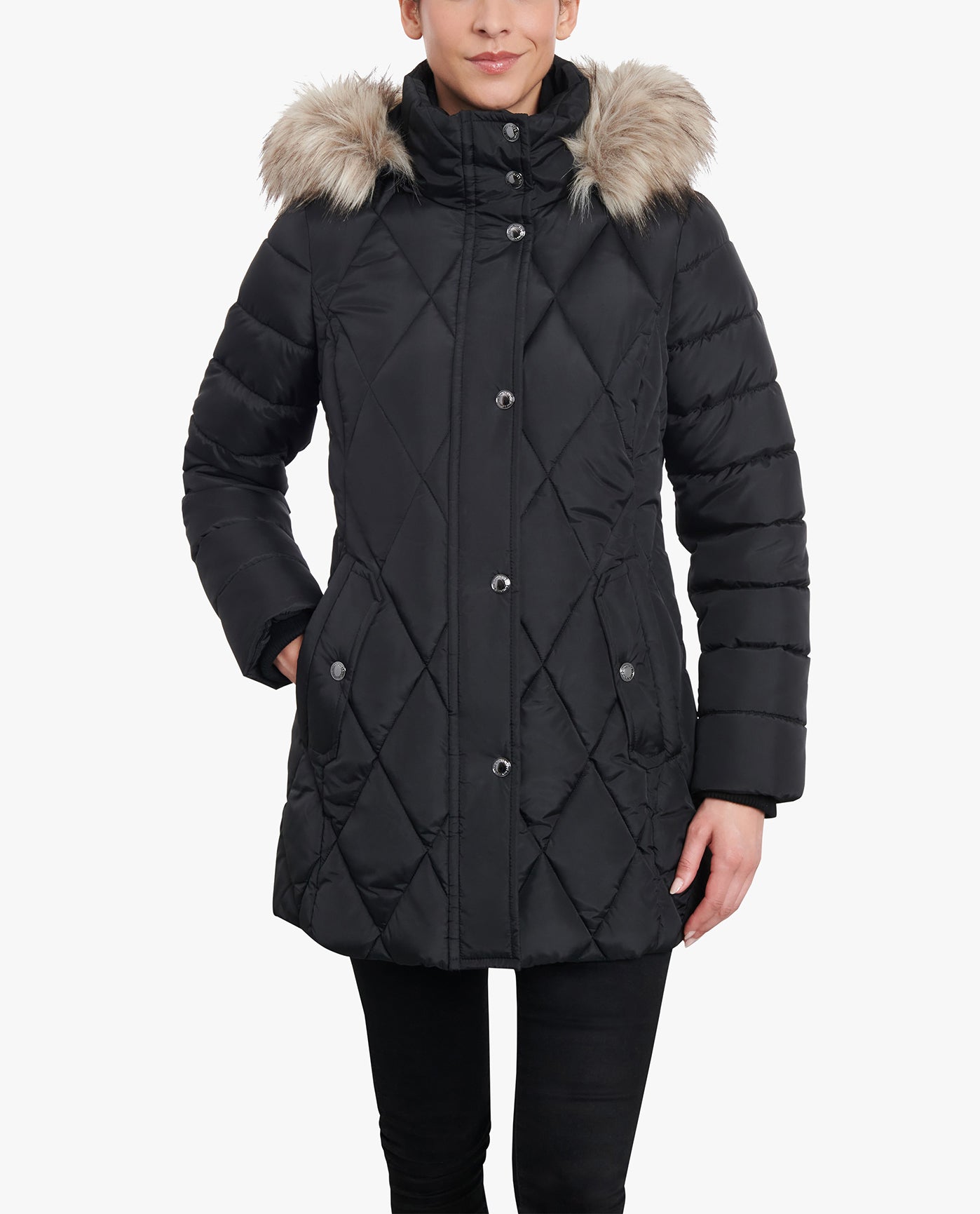 FRONT VIEW OF ZIP-FRONT DIAMOND QUILTED JACKET WITH ZIP-OFF FUR TRIM HOOD | BLACK