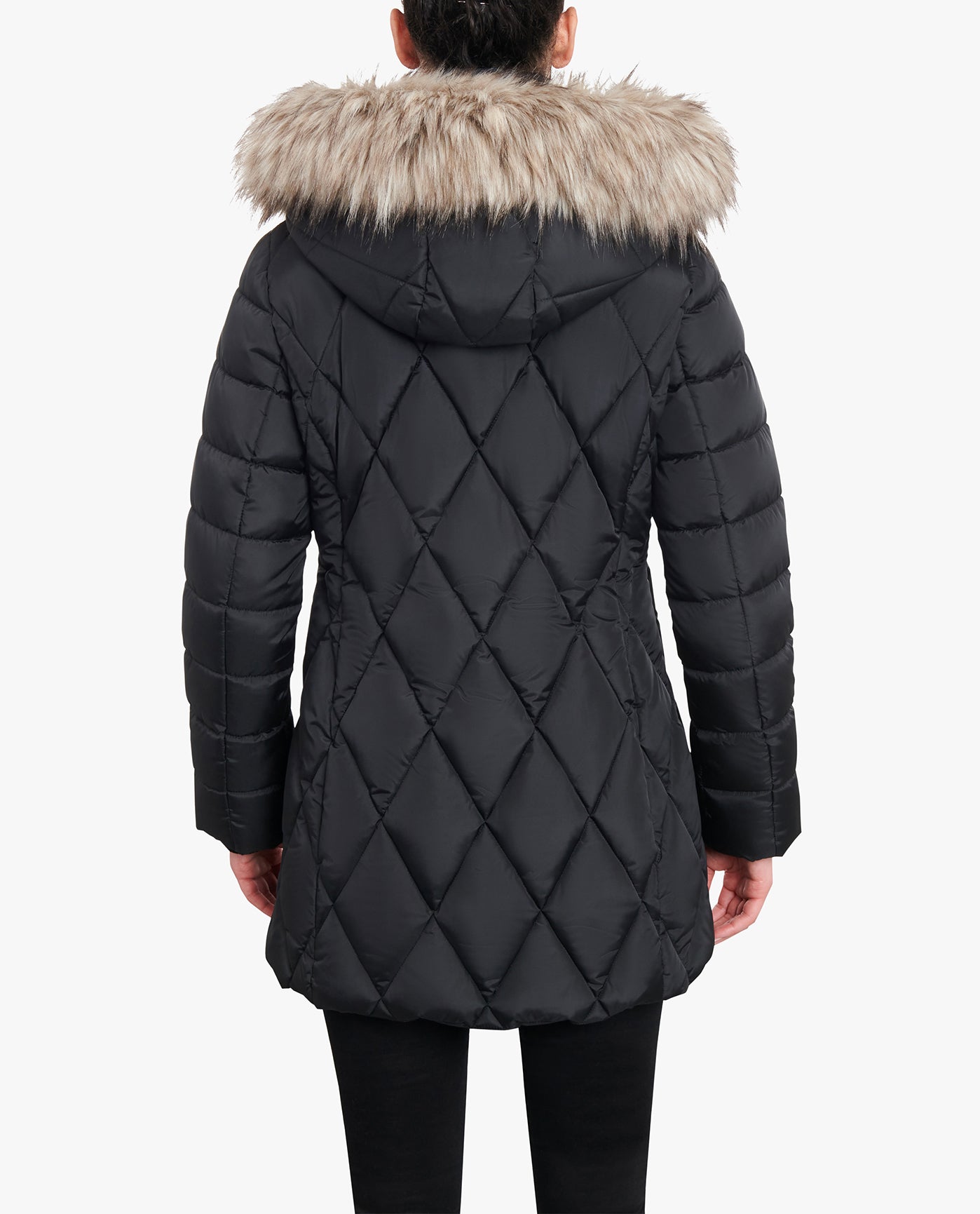 BACK VIEW OF ZIP-FRONT DIAMOND QUILTED JACKET WITH ZIP-OFF FUR TRIM HOOD | BLACK