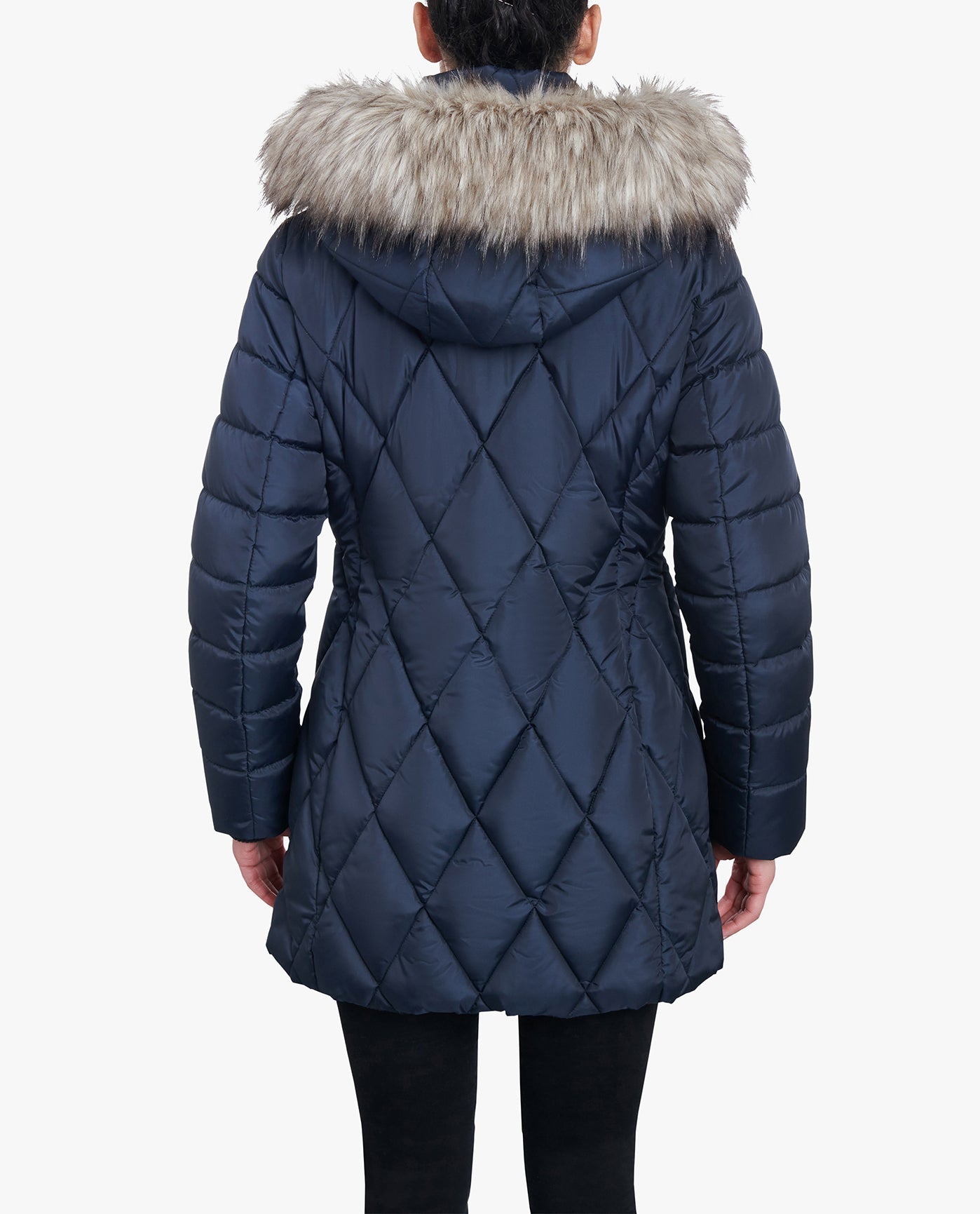 BACK VIEW OF ZIP-FRONT DIAMOND QUILTED JACKET WITH ZIP-OFF FUR TRIM HOOD | NAVY