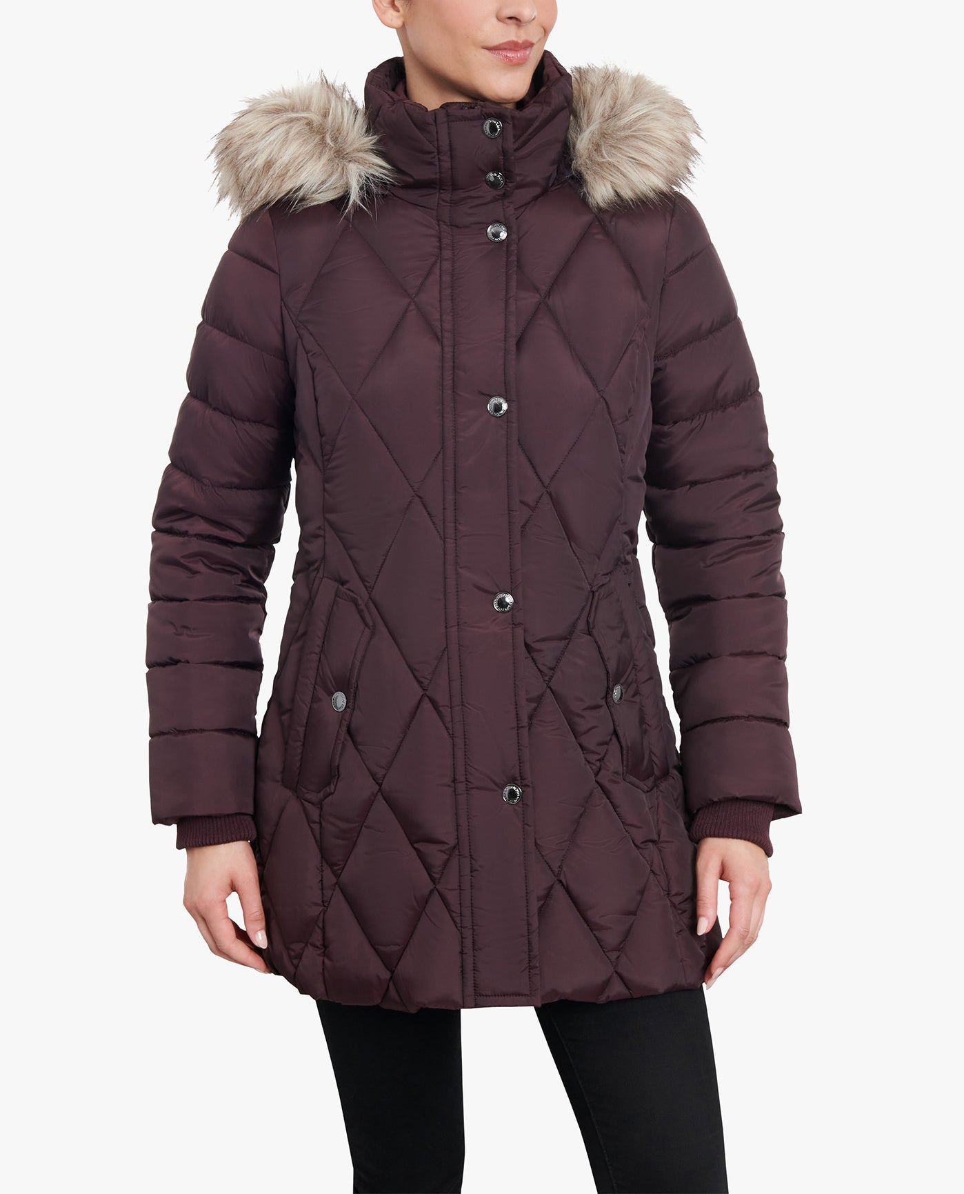 FRONT VIEW OF ZIP-FRONT DIAMOND QUILTED JACKET WITH ZIP-OFF FUR TRIM HOOD | BURGUNDY