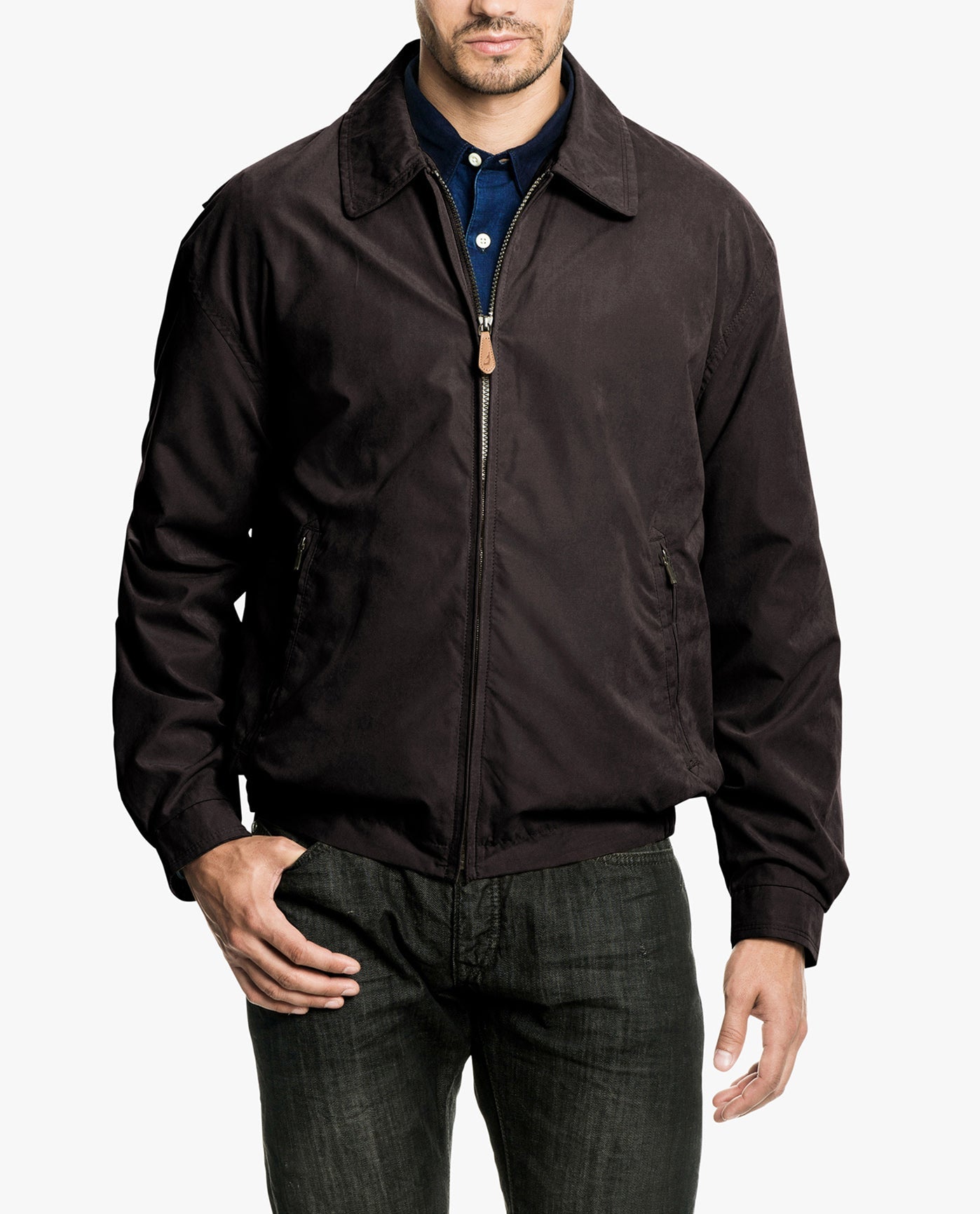 FRONT VIEW OF LIGHT WEIGHT ZIP FRONT GOLF JACKET | DARK BROWN