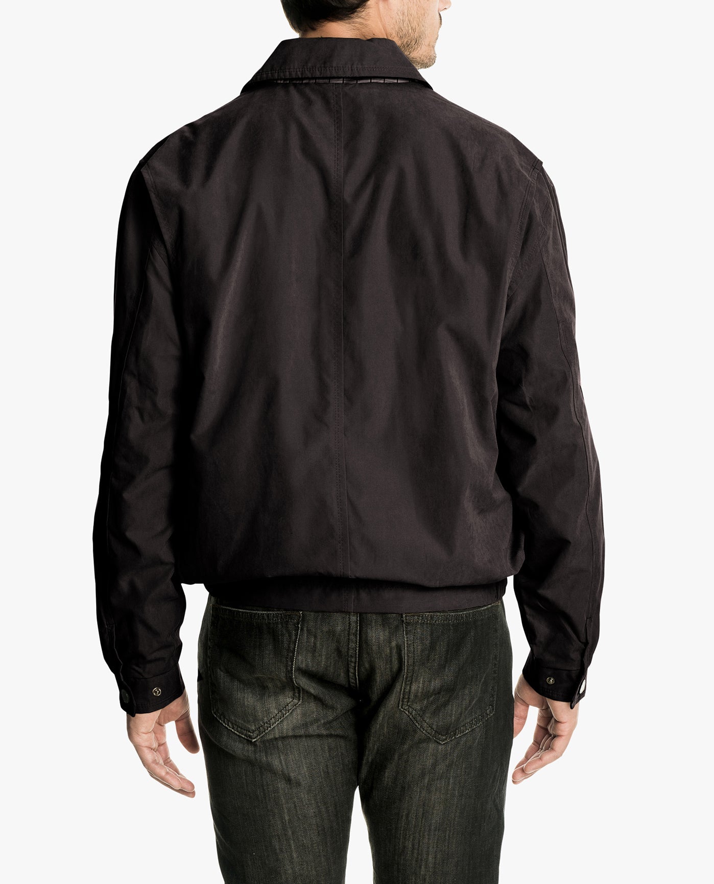 BACK VIEW OF LIGHT WEIGHT ZIP FRONT GOLF JACKET | DARK BROWN
